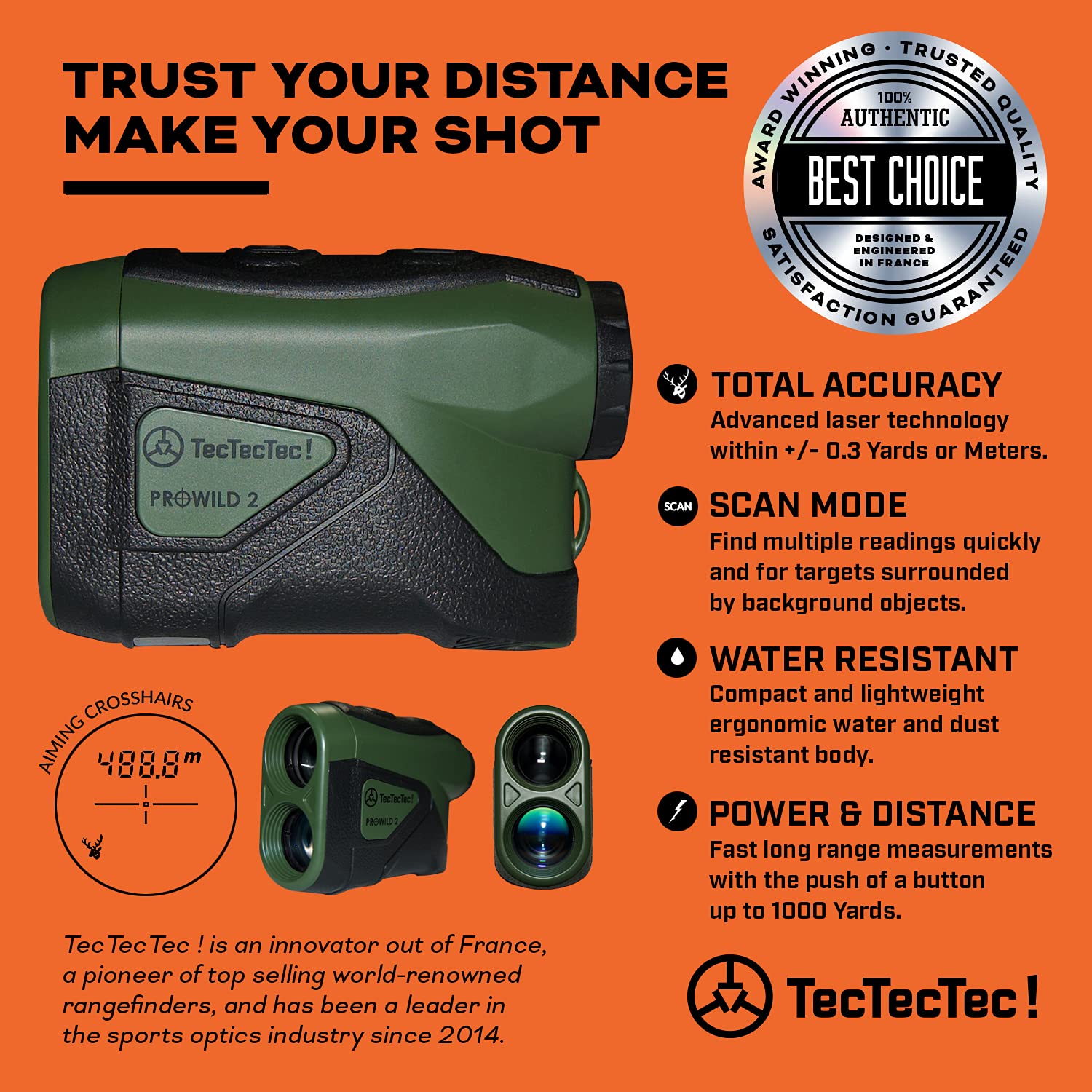 Tectectec Prowild 2 High Accuracy Laser Rangefinder For Hunting With Range Scan, Speed Mode, Cr2 Battery, And Normal Measurement