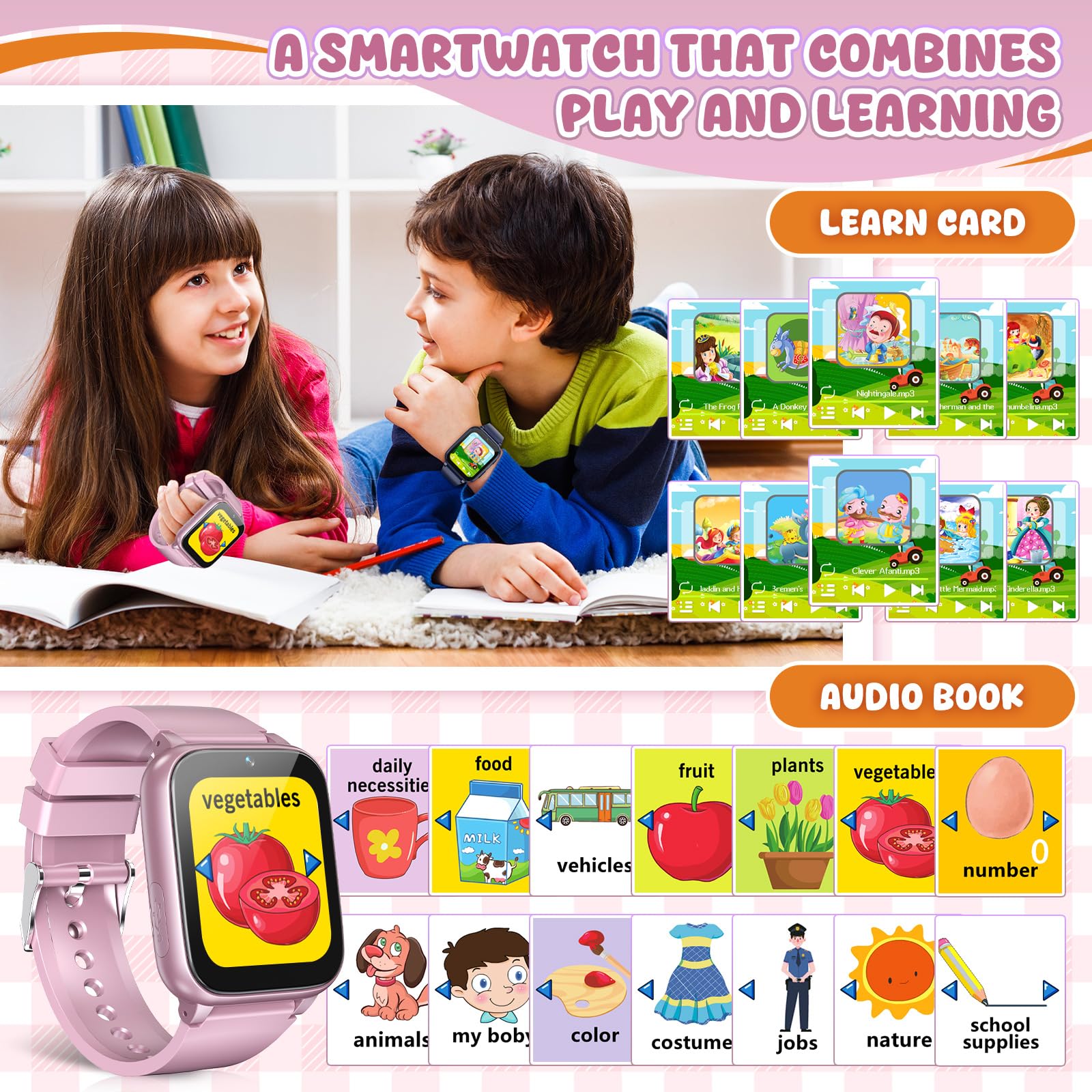 Happinno 1.69 ' ' Kids Smart Watch,Boys Girls Smartwatch, Pedomter 26 Puzzle Games Camera Video Music Player Flashlight Alarm Cl