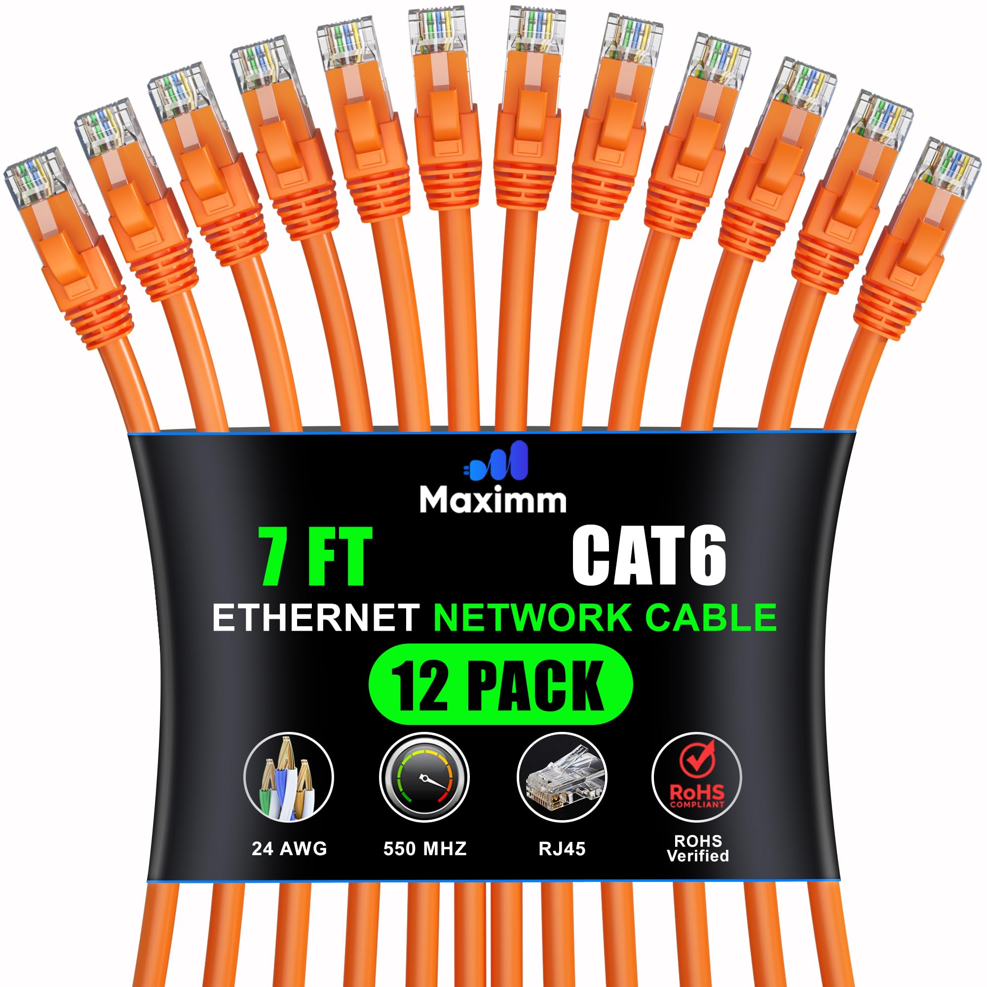 Maximm Cat 6 Ethernet Cable 7 Ft (12 Pack)   High Speed Lan Cable, Internet Cable, Patch Cable, And Network Cable   Utp, 10Gbps, 550Mhz Ethernet Cord   Orange