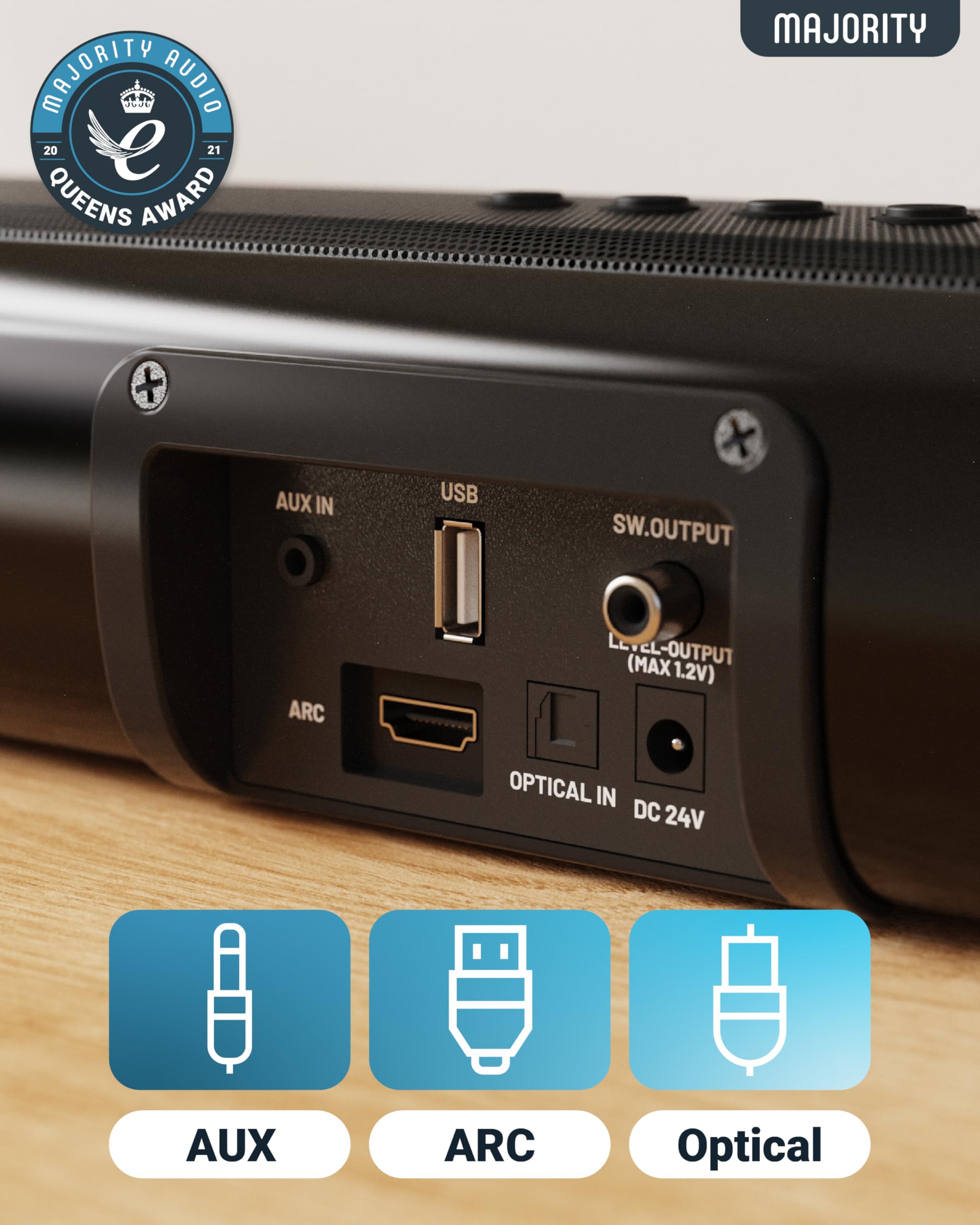 Majority Bluetooth 120W Tv Sound Bar For Smart Tv, 24 Inch, 2.1 Channel, 3D Sound With Built-In Subwoofer | Eq Control, Hdmi Arc