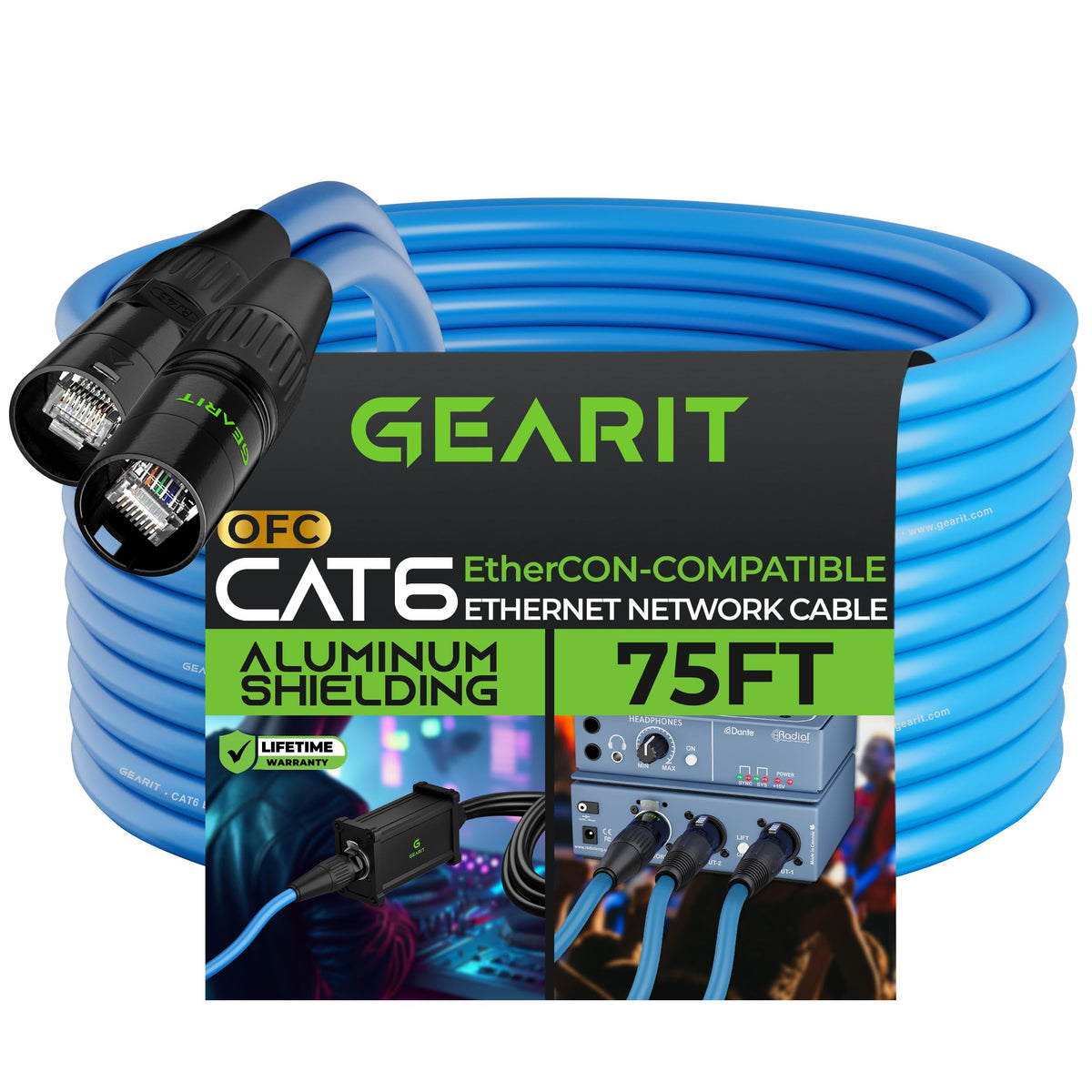 Gearit Cat6 Ethernet Cable, Ethercon Compatible (75 Feet) Rj45 Connectors For Pro Audio, Aluminum Shielded, Oxygen Free Copper  