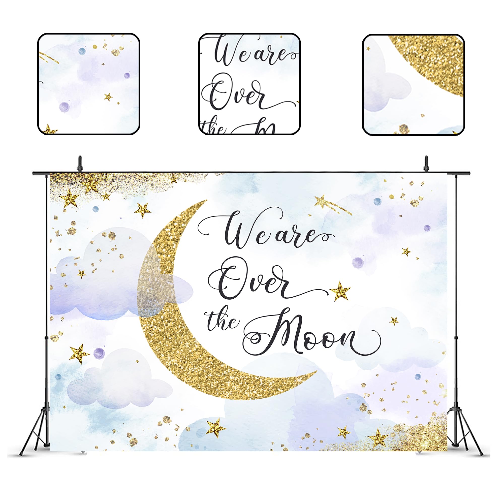 Glawry We Are Over The Moon Baby Shower Backdrop 7Wx5H Feet Boho Watercolor Cute Purple Blue Stars Clouds Gold Dots Celestial Pa