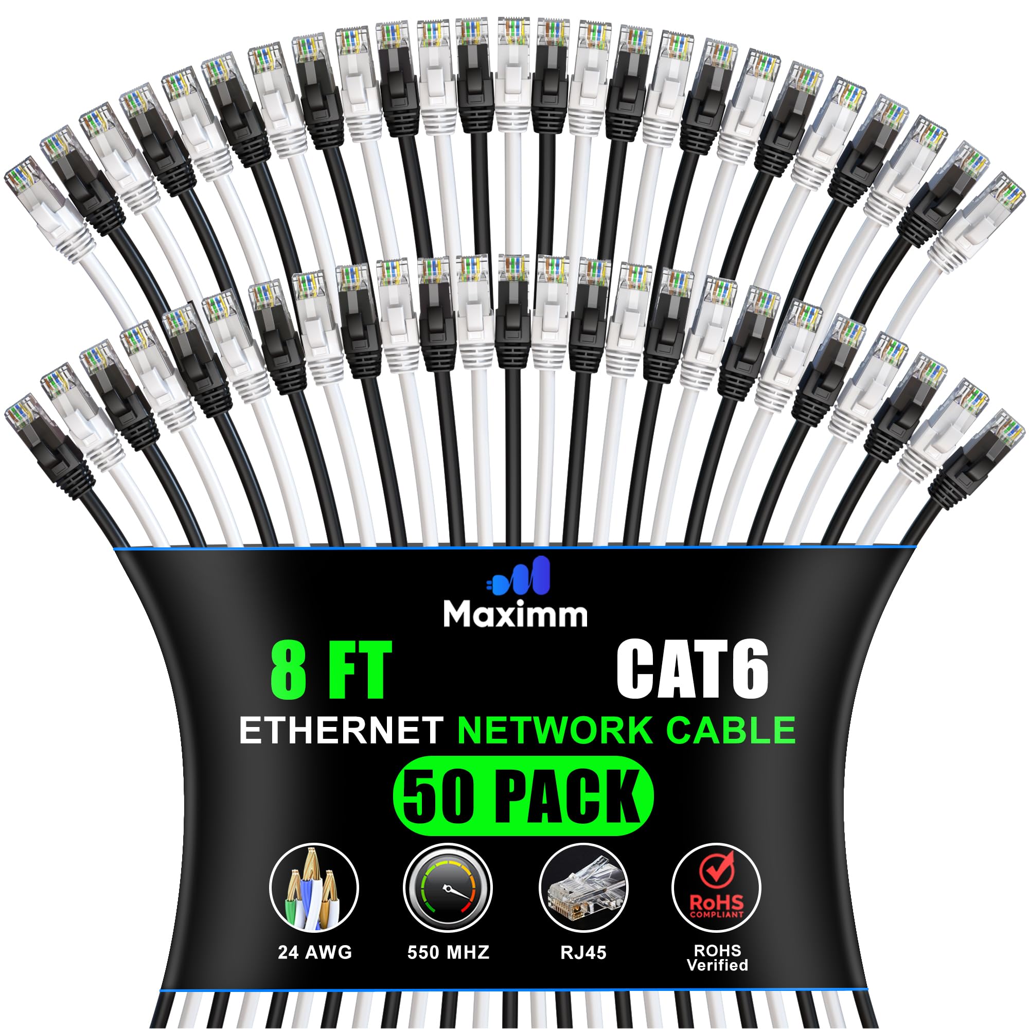 Maximm Cat 6 Ethernet Cable - 8 ft (50-Pack) - High-Speed LAN, Internet, Patch, and Network Cable - UTP, 10Gbps, 550MHz Ethernet