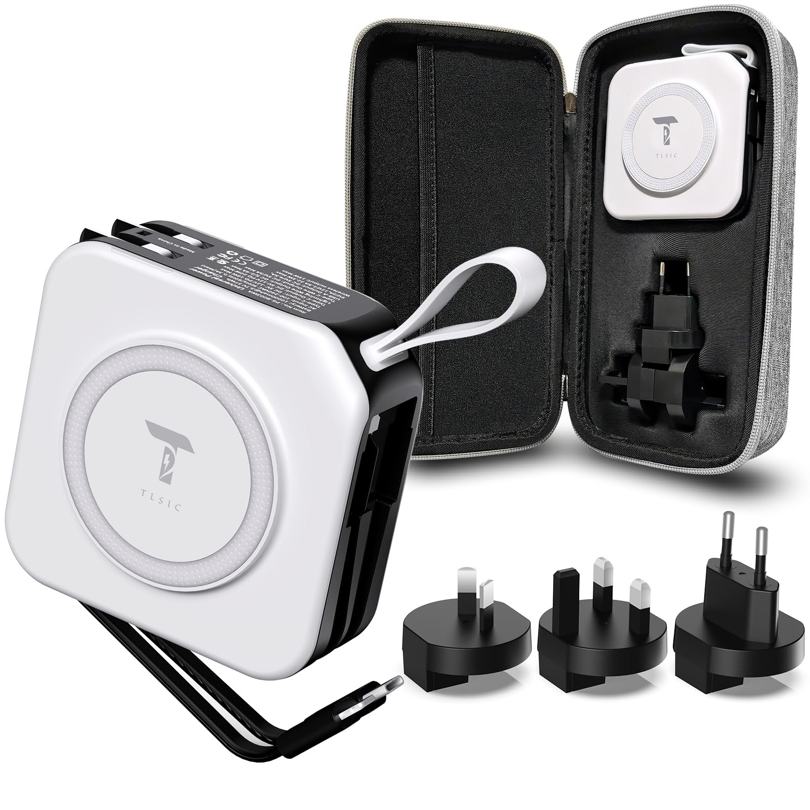 Tlsic Powerpack Universal 5 in 1 Travel Power Bank  for Magsafe Battery Pack,10000mAh Power Bank with Built in Cable  Wireless