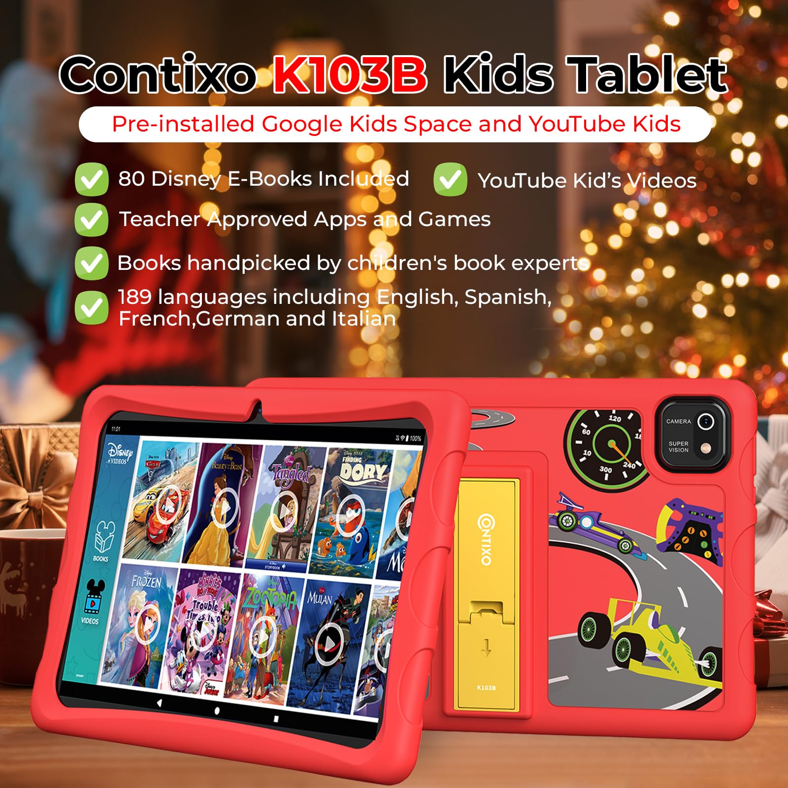 Contixo K103 Kids Tablet   Tablet For Kids Toddler With 80 Disney Storybooks Pre Installed, 10 Inch, 32Gb, Android Wifi, Parental Control, Learning Tablet For Children, Kid Proof Case (Red)