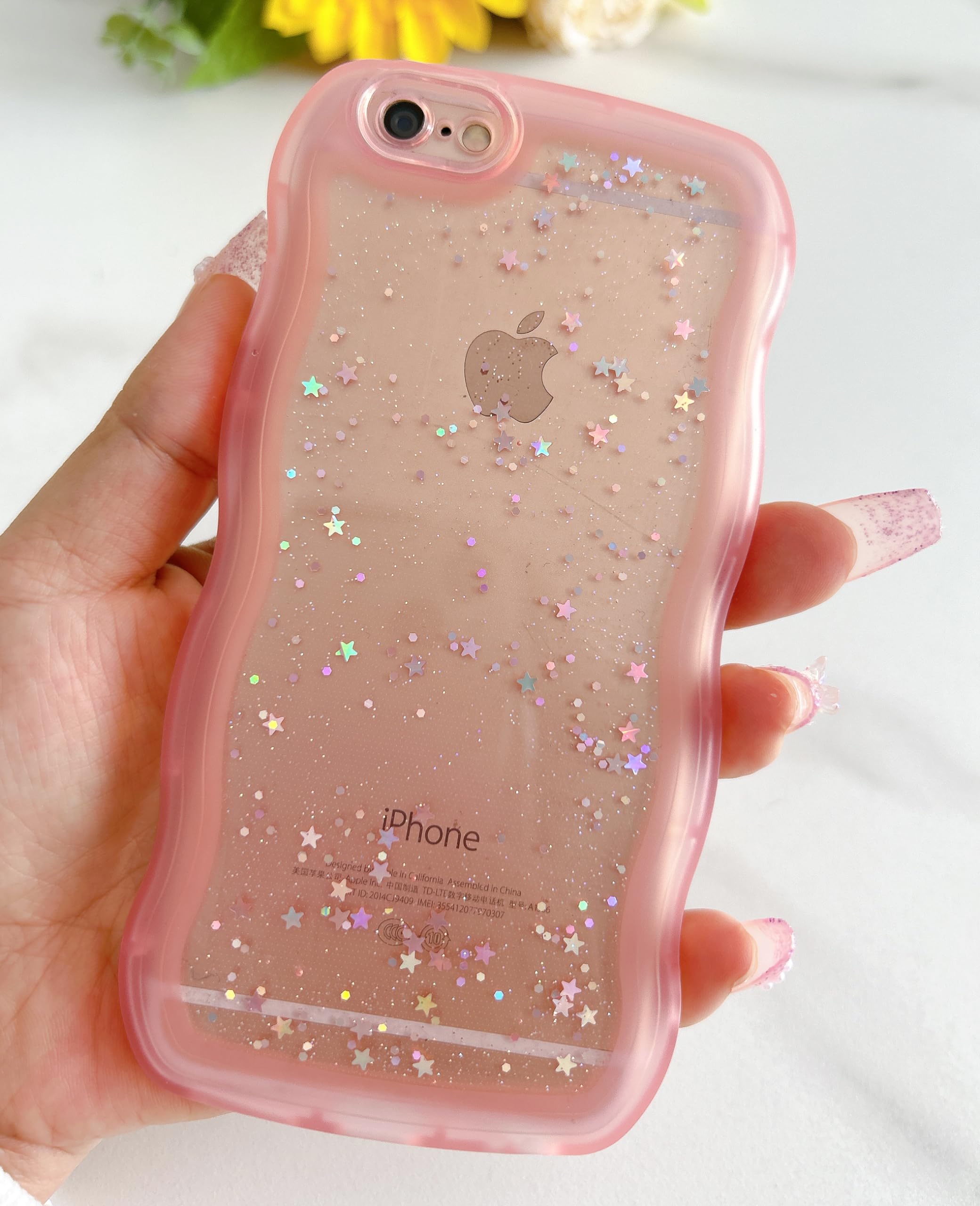 Qokey For Iphone 6S Plus Case,For Iphone 6 Plus Case 5.5'',Curly Wavy Transparent Bling Glitter Star Shiny Case Cute Clear Trans