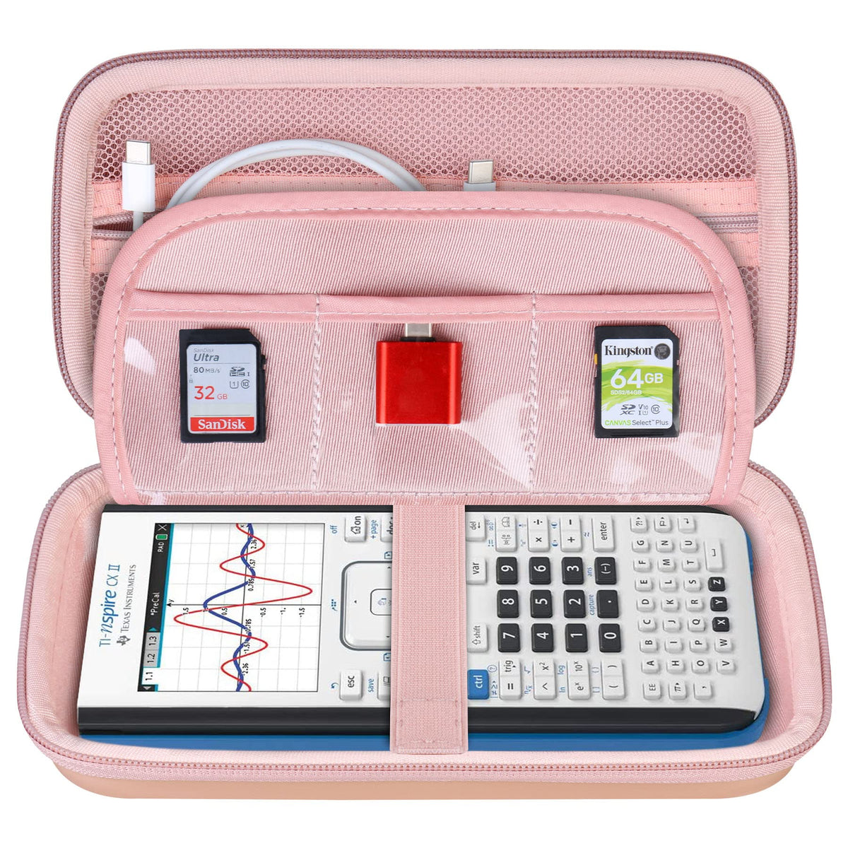 BOVKE Calculator Travel Case for Texas Instruments TI-Nspire CX II CAS/CX II/CX/CX CAS Graphing Calculators and More - Mesh Pocket for USB Charging Cables and Other School Supplies, Rose Gold