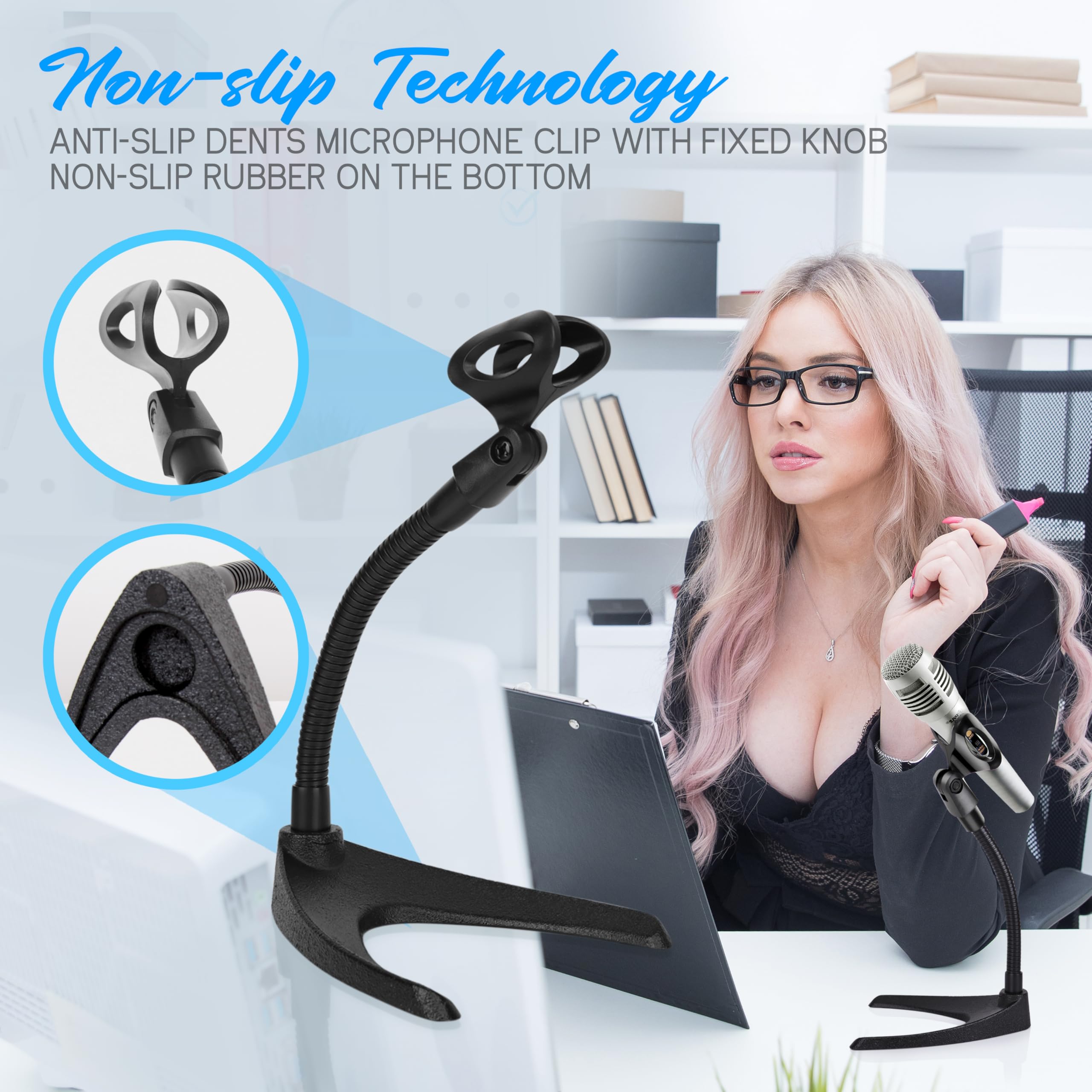 Pyle Universal Adjustable Desktop Microphone Stand - Tabletop Mic Holder Low Profile Mic Stand W/ Flexible 8.2 Gooseneck Mount