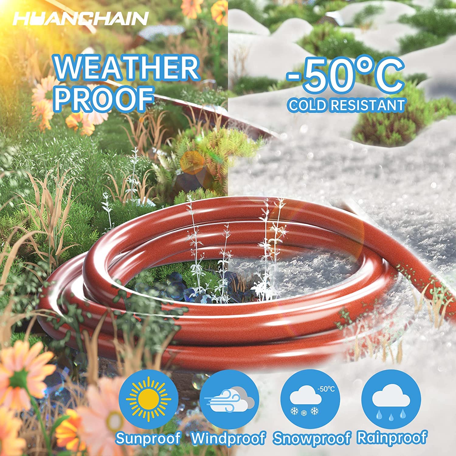 Huanchain 50 Ft 16 Gauge Indoor Outdoor Extension Cord Waterproof, Flexible Cold Weather 3 Prong Electric Cord Outside, 13A 1625