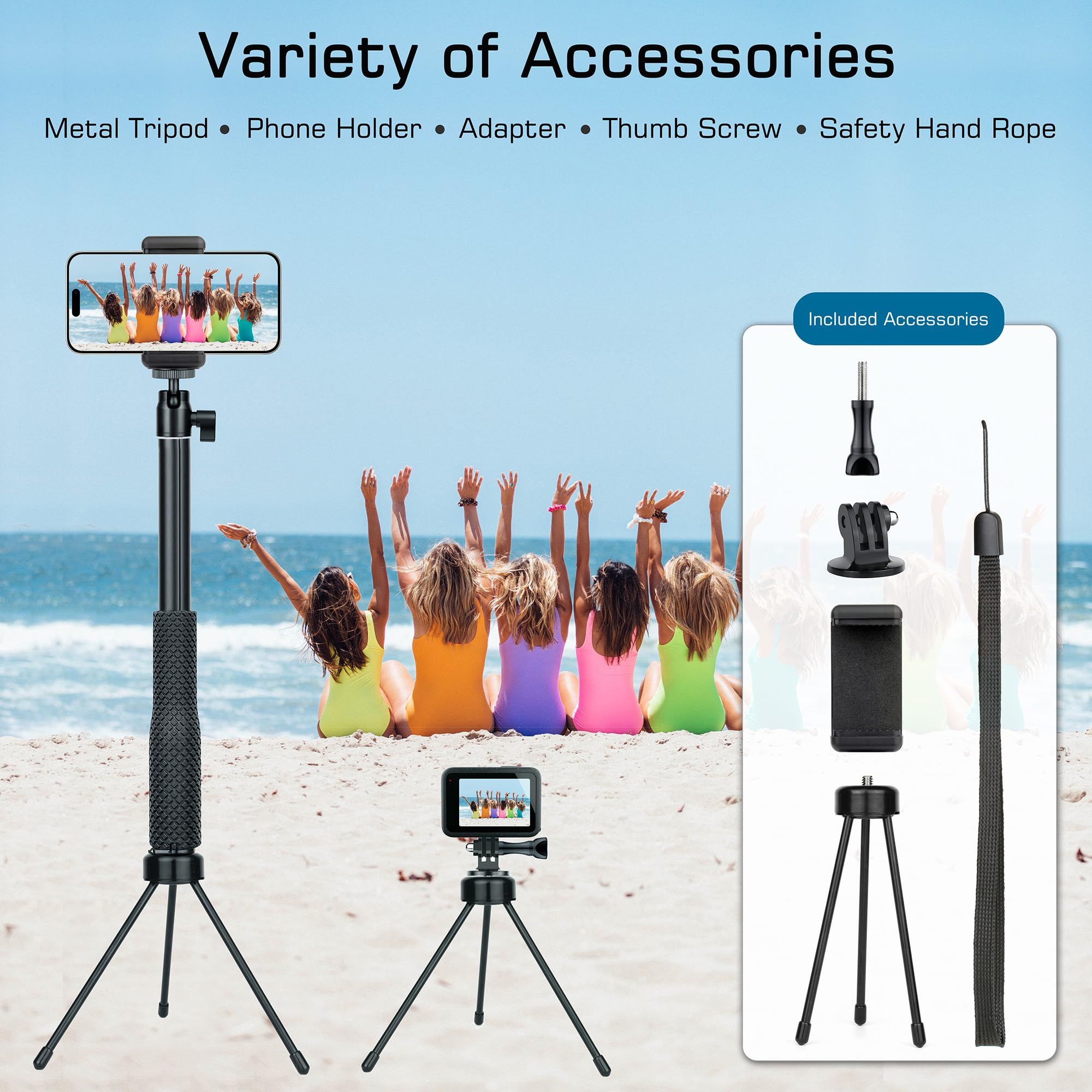 Gepuly 360Ballhead Waterproof Selfie Stick With Tripod Stand Phone Holder- Underwater Selfie Stick Pole - For Gopro Hero 13 12 1