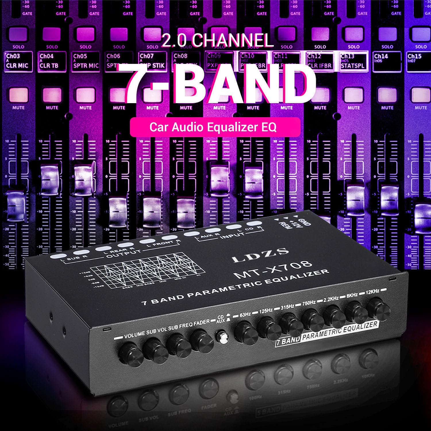 Facmogu 7 Band Car Audio Equalizer, Adjustable 7 Bands Eq Car Amplifier Graphic Equalizer With Cd/Aux Input Select Switch, Front/Rear + Sub Output, For Boat Rv Rtv Motorcycle Car Stereo Tone Control