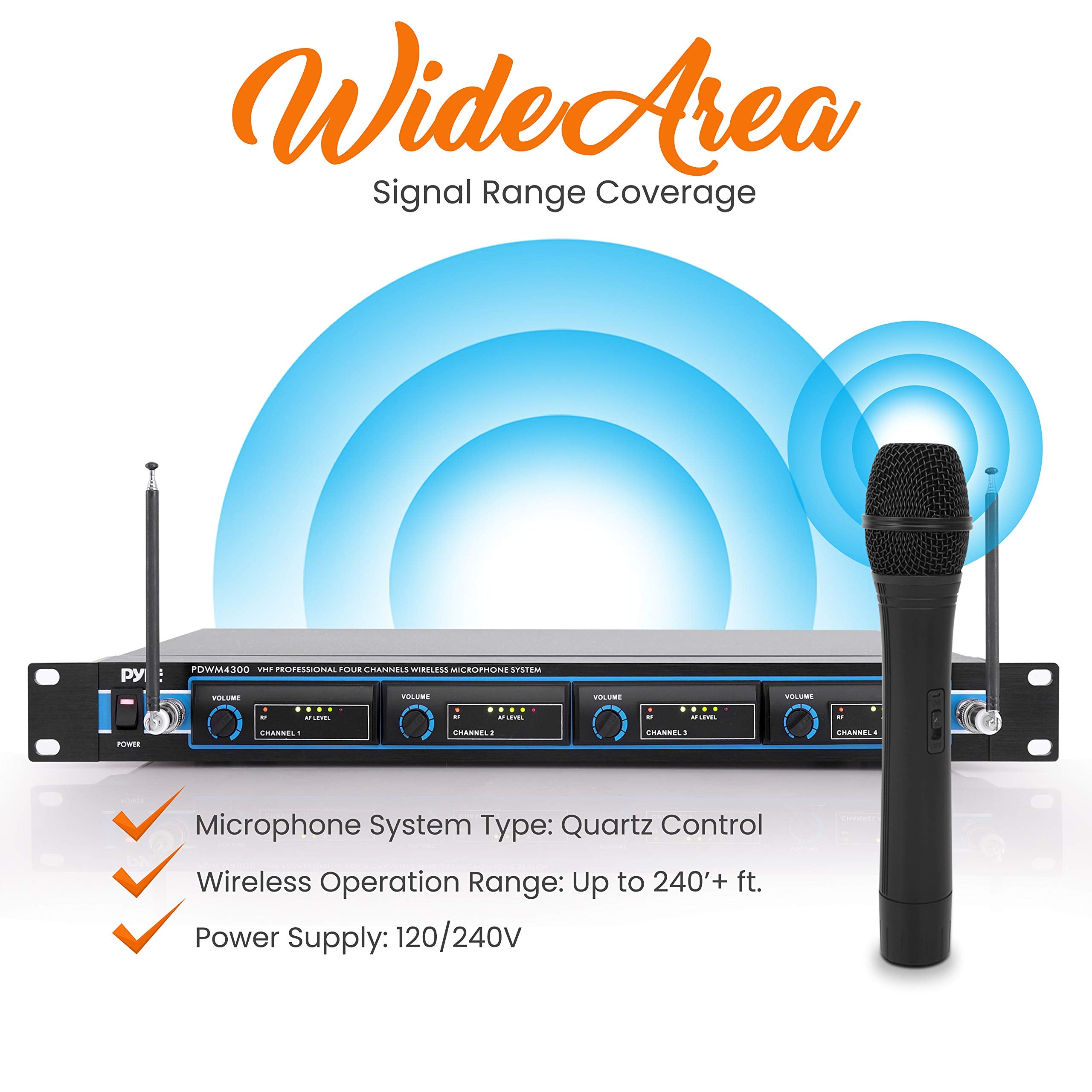 Pyle 4 Channel Vhf Wireless Microphone System & Rack Mountable Base 2 Handheld Mic, 2 Headset, 2 Belt Pack, 2 Lavelier/Lapel Mic