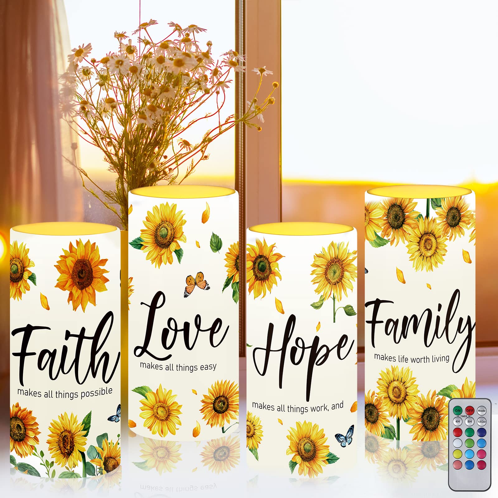 Tiamon Sunflower Flameless Candles LED Love Hope Faith Candles Battery Operated Yellow Floral Flickering with 18 Key Remote Time