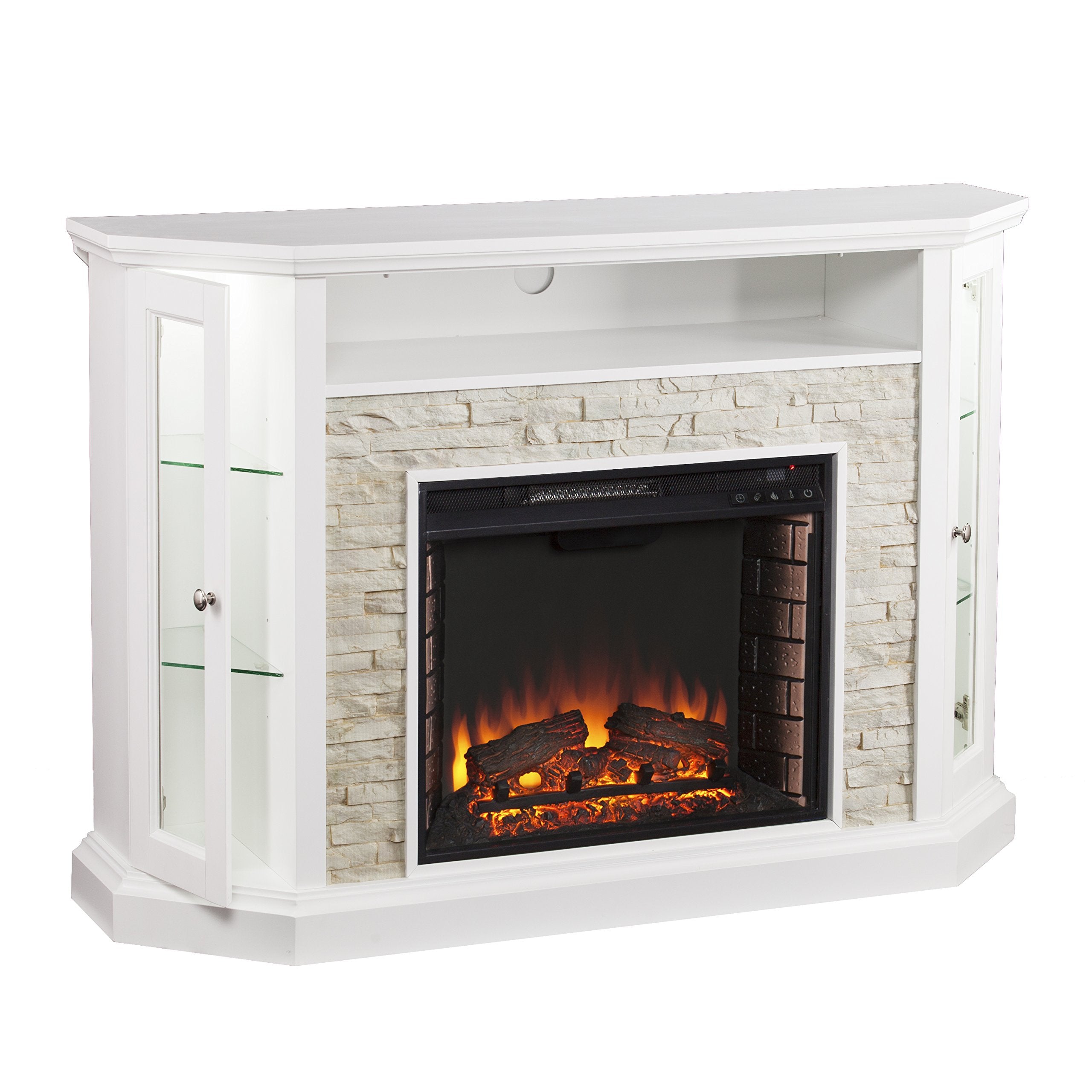 Sei Furniture Redden Faux Stone Convertible Electric Media Storage Corner Fireplace, Fresh White