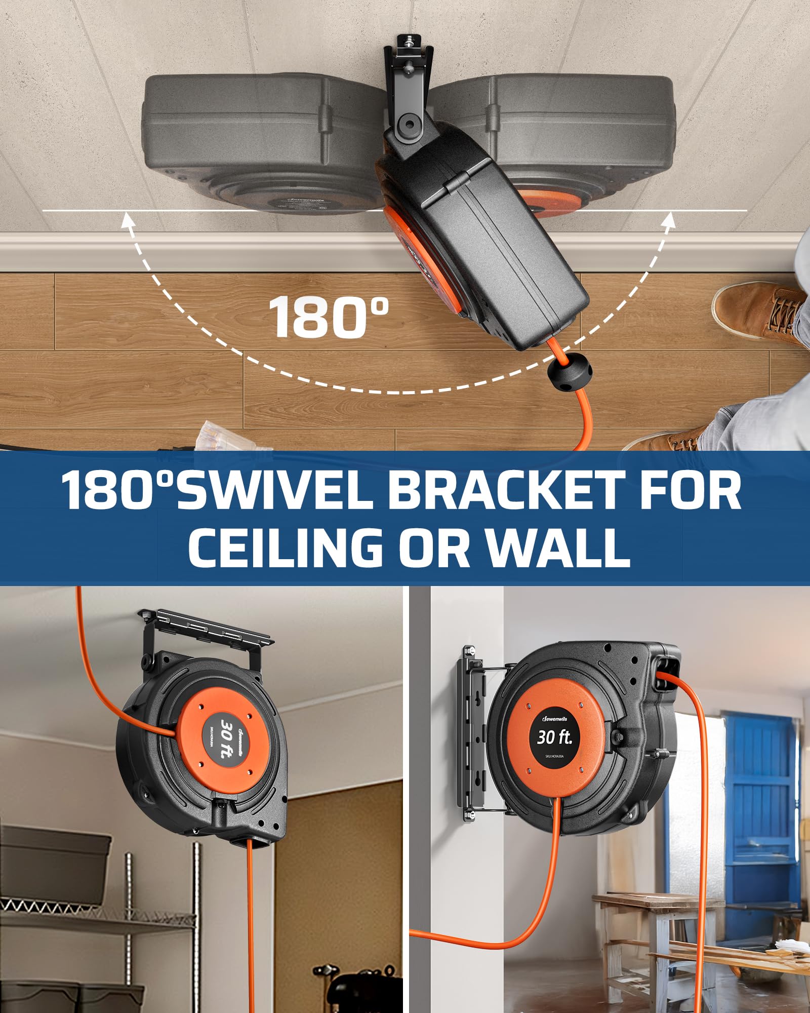 Dewenwils 30Ft Retractable Extension Cord Reel, 16/3C Sjtw Heavy Duty Power Cord, Lighted Triple Outlets, 10A Circuit Breaker, L