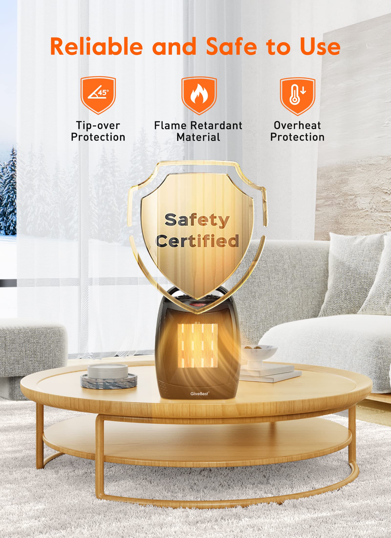 Givebest Portable Electric Space Heater, 1500W/750W Ceramic Heater With Thermostat, Heat Up 200 Square Feet In Minutes, Safe And