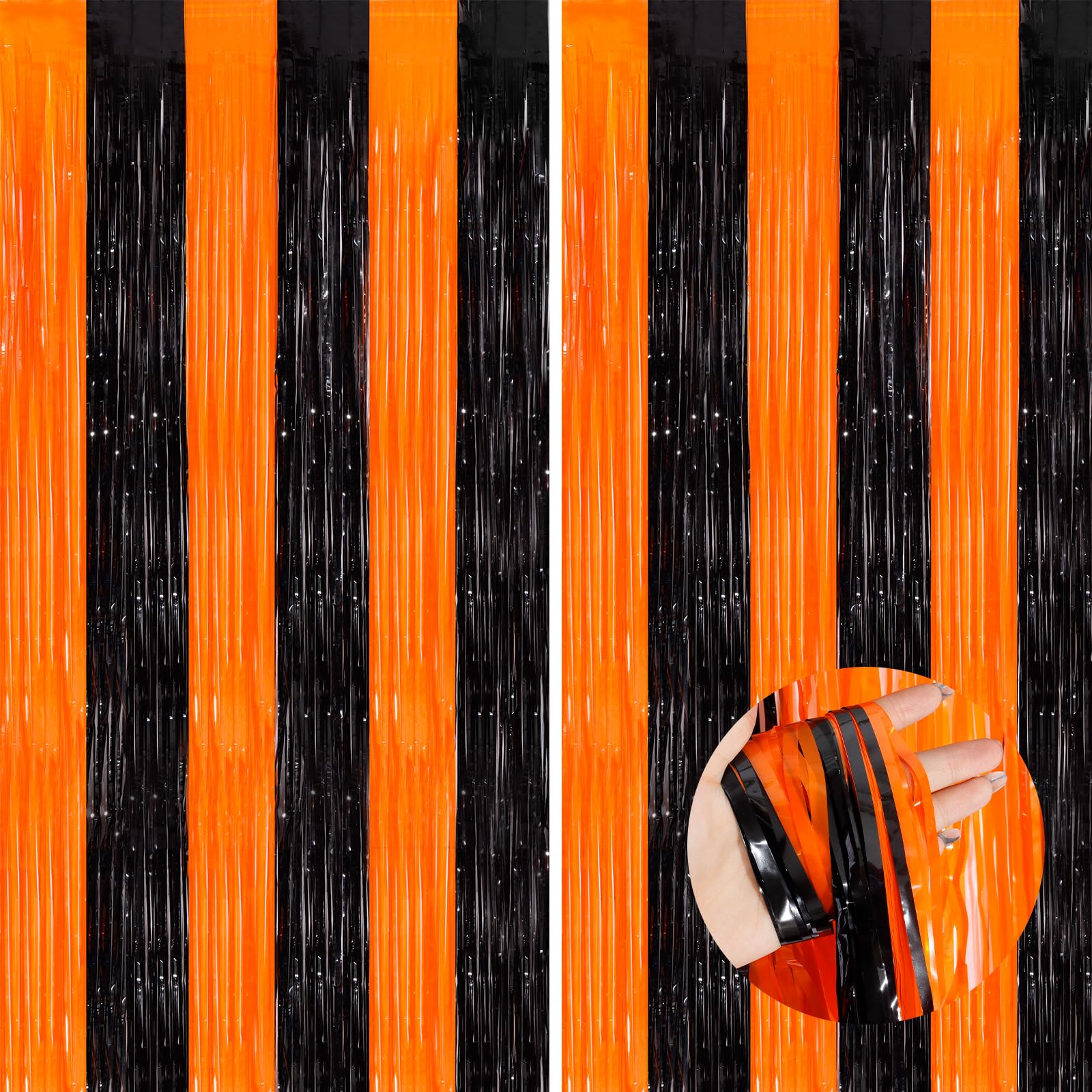 Orange Black Tinsel Foil Fringe Curtains, 2 Pack 3.3X8.3 Feet Party Streamer For Birthday Party Decorations, Halloween Decor, Fo