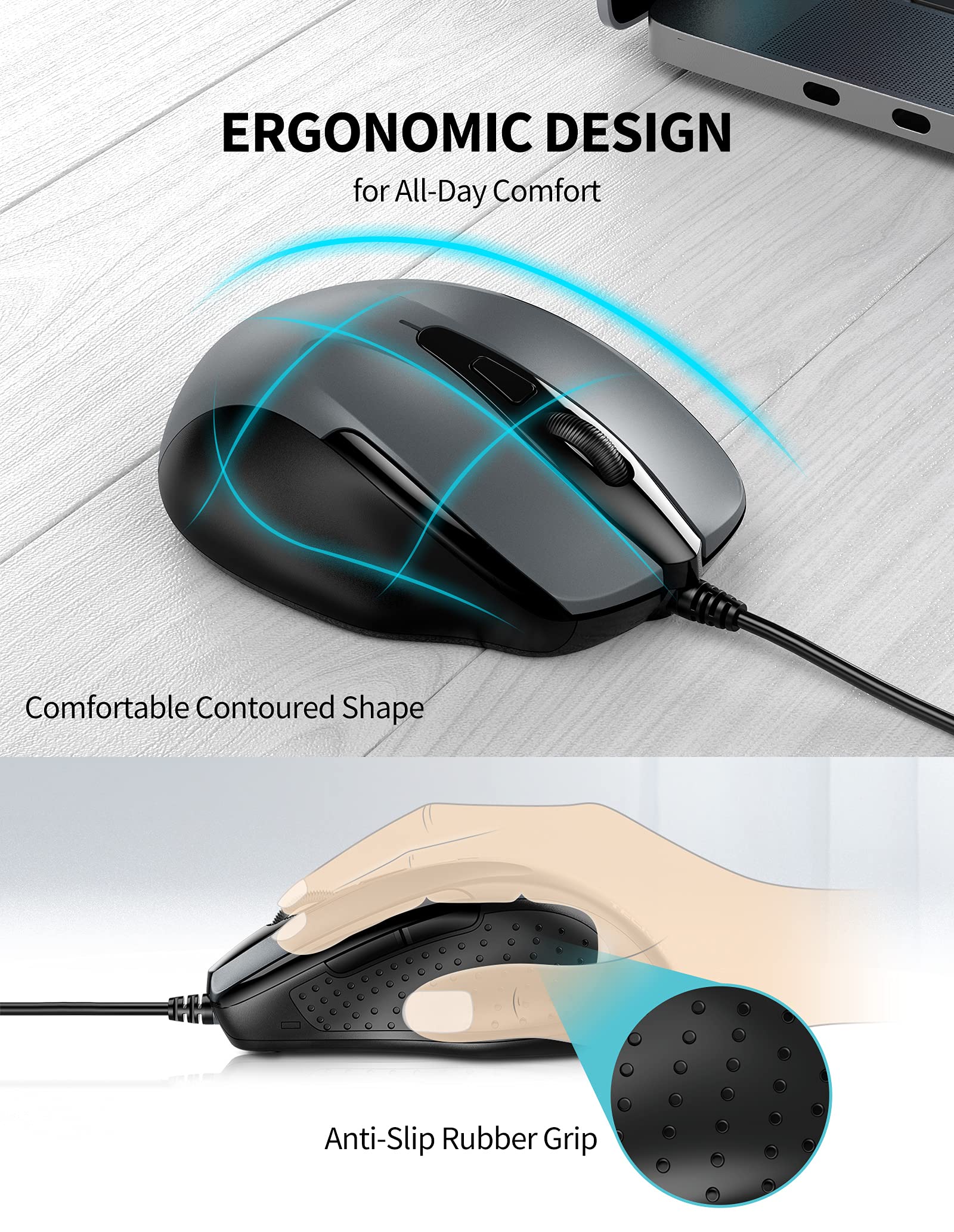Tecknet Usb Wired Mouse, 6 Button Corded Mouse With 4 Adjustable Dpi, Optical Computer Mouse With Ergonomic Design And 5Ft Cord For Laptop, Chromebook, Pc, Desktop, Mac, Notebook Gray