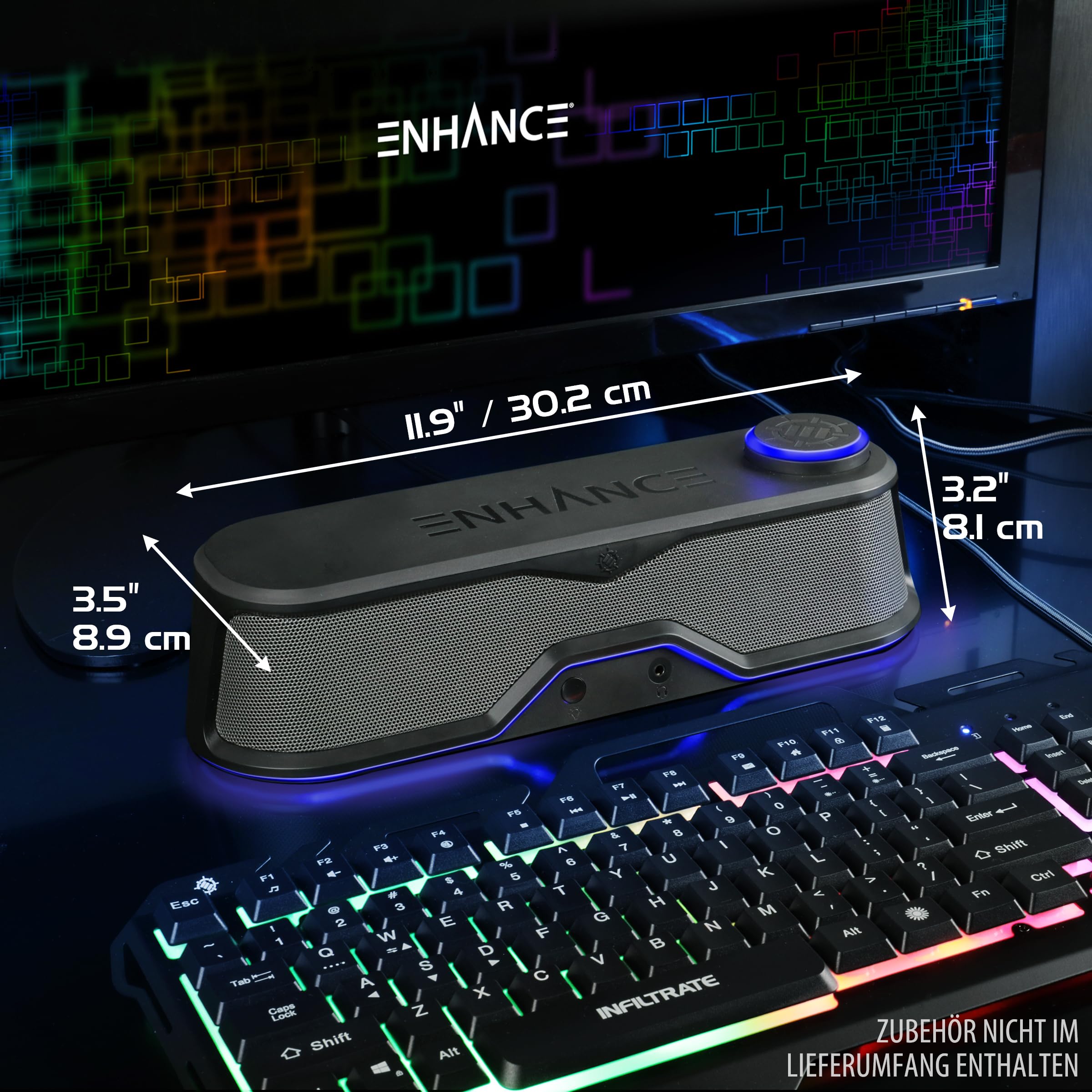 Enhance Sb1 Computer Speakers High Excursion Soundbar - Usb Powered Computer Sound Bar, Under Monitor Speaker With 10W Peak, Led