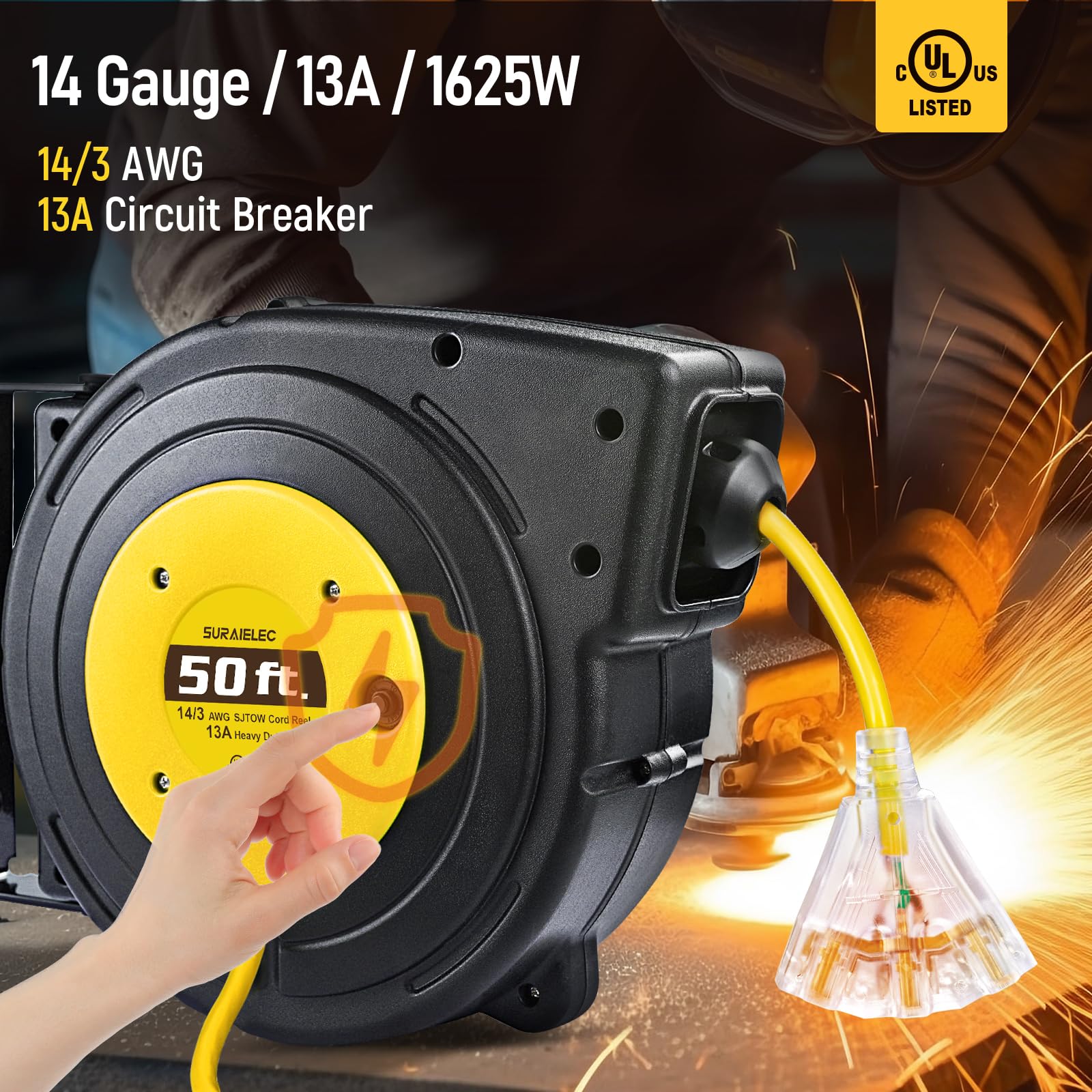 Suraielec 50 Ft Extension Cord Reel, 14 Gauge Retractable Extension Cord, Sjtow 14 Awg/3C Heavy Duty Power Cord, 13 Amp Circuit