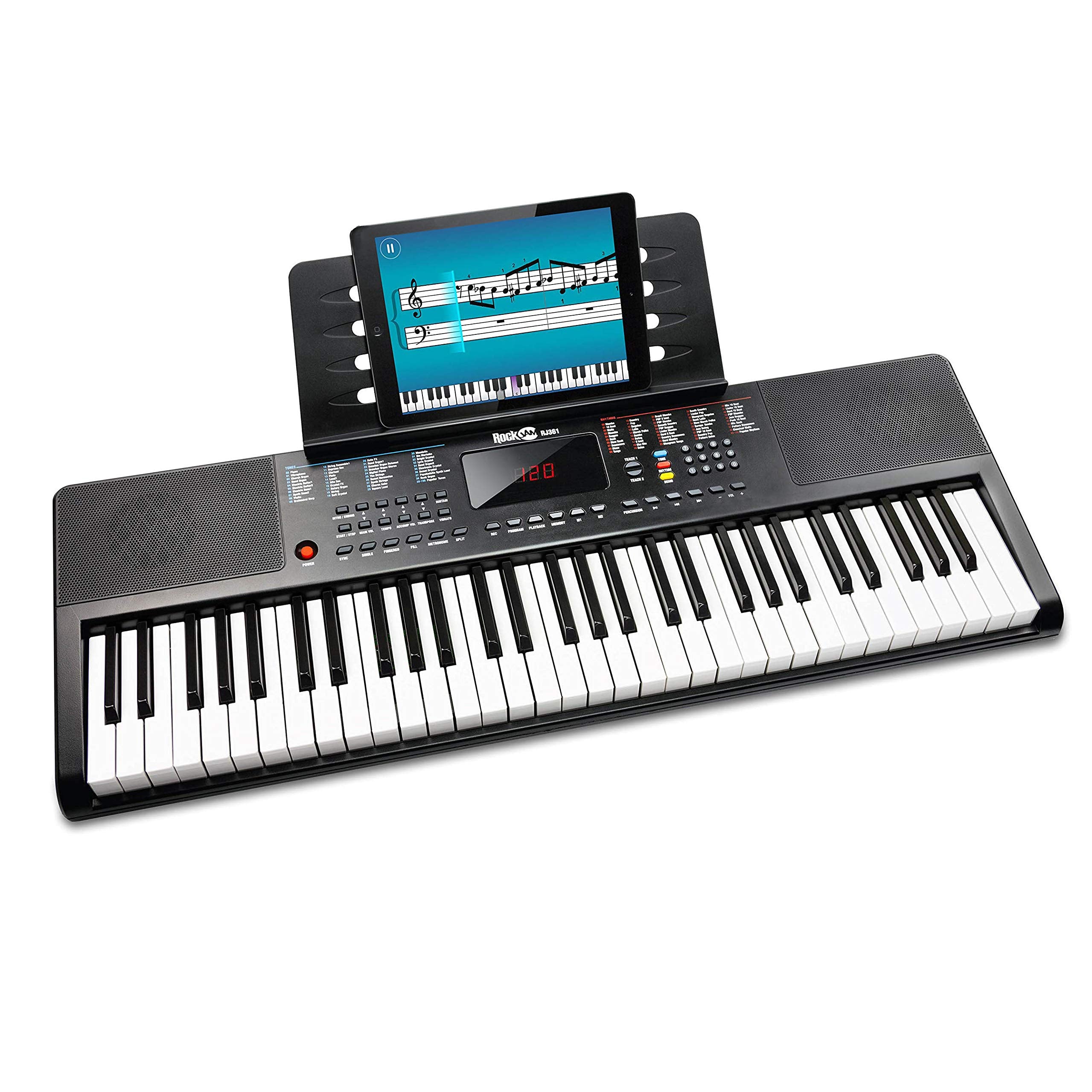 Rockjam Compact 61 Key Keyboard With Sheet Music Stand, Power Supply, Piano Note Stickers & Simply Piano Lessons