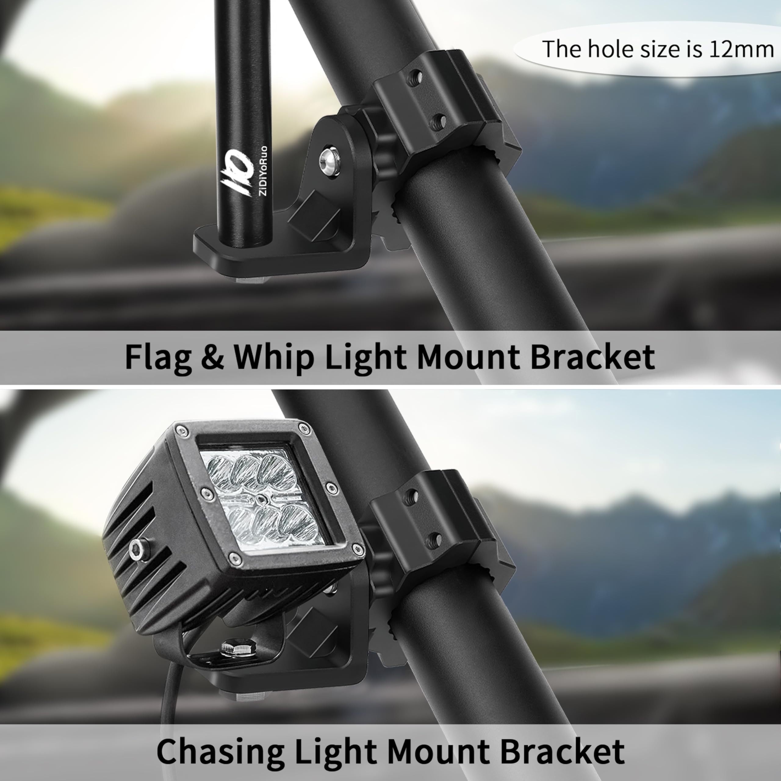 Zidiyoruo Utv Whip Light Mount & Light Bar Bracket - Heavy Duty Aluminum Alloy Clamp For 1.75-2 Roll Cage, 360 Rotating Flag Hol