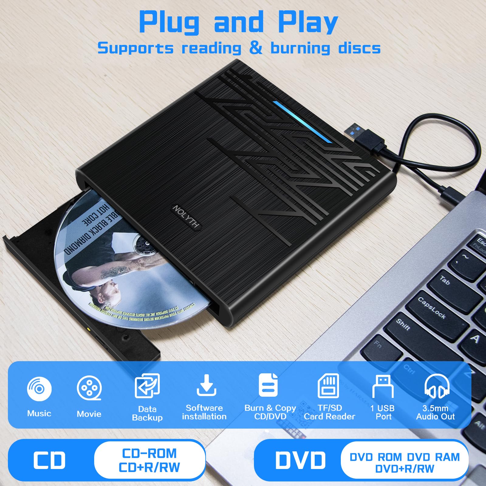 Nolyth External Dvd Drive For Mac, Usb Cd Rom Burner External Drive For Laptop With 3.5Mm Audio Sd Tf Slot, Portable Optical Dis