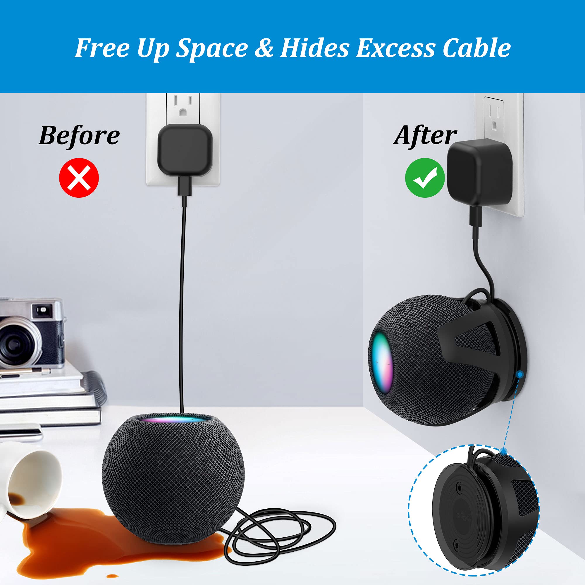 Plusacc For Homepod Mini Wall Mount - Holder Mount Compatible With Homepod Mini, No Muffled Sound, With Cord Management, Space S