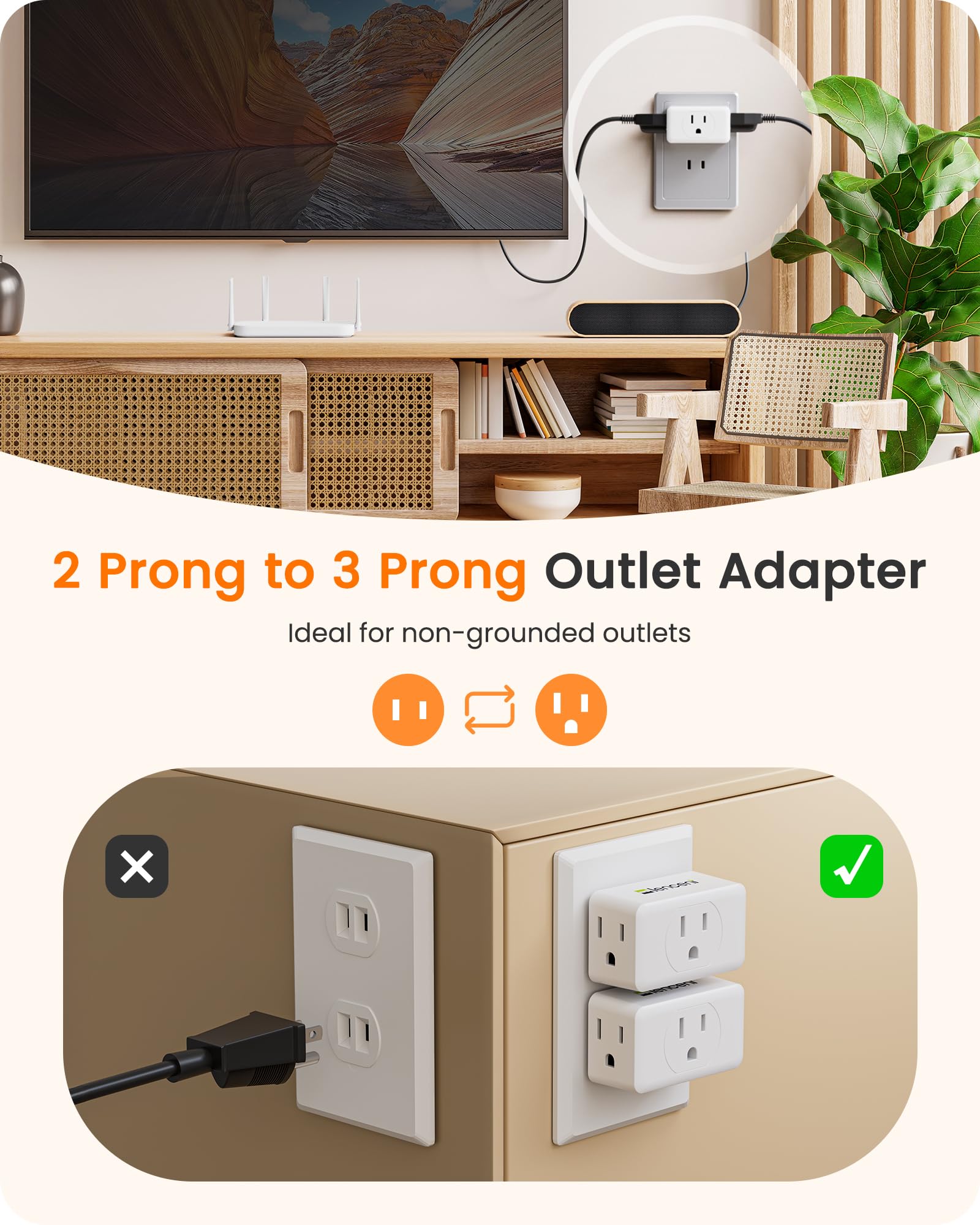 Lencent 3 Prong To 2 Prong Adapter, Plug Extender, Wall Plug Splitter With 3 Ac Outlets, Travel Power Adaptor For Us To Japan Ja