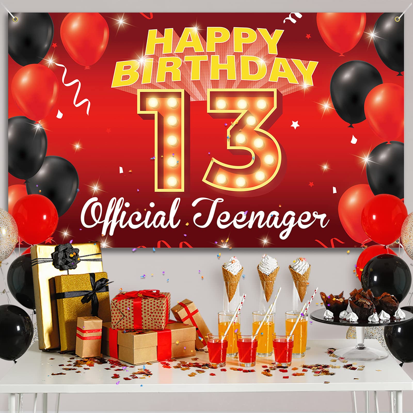 13Th Birthday Decorations For Boys Girls, Happy 13Th Birthday Backdrop Banner, Official Teenager Birthday Photo Booth Props Red,