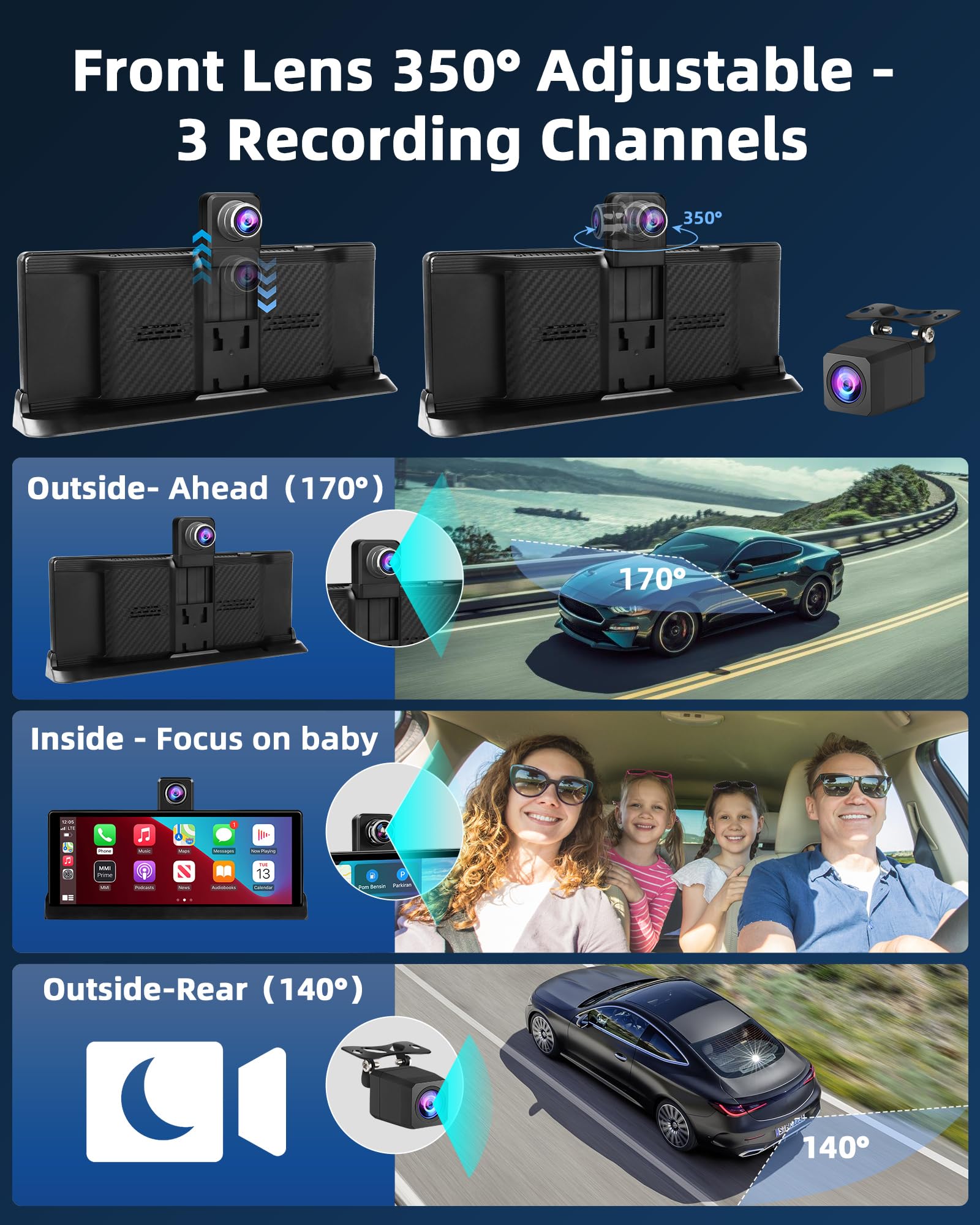 ?350 Rotatable Lens?10.26''Wireless Apple Carplay Screen For Car & 4K Dash Cam Portable Android Auto Car Stereo, Car Audio Recei