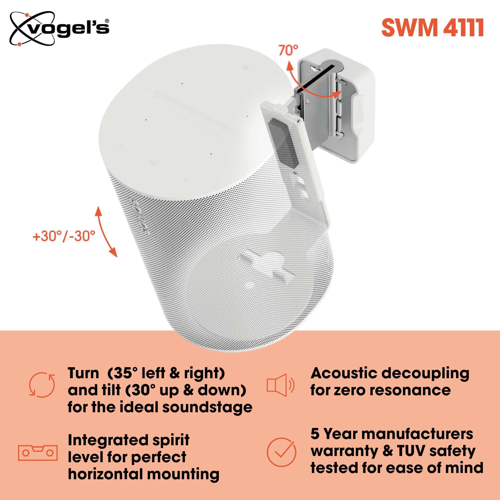 Vogel'S Swm 4111 Speaker Wall Bracket For Sonos Era 100, Max. 11 Lbs (5 Kg), Tiltable  30/+30, Swivels Up To 70 (Left/Right), Wh