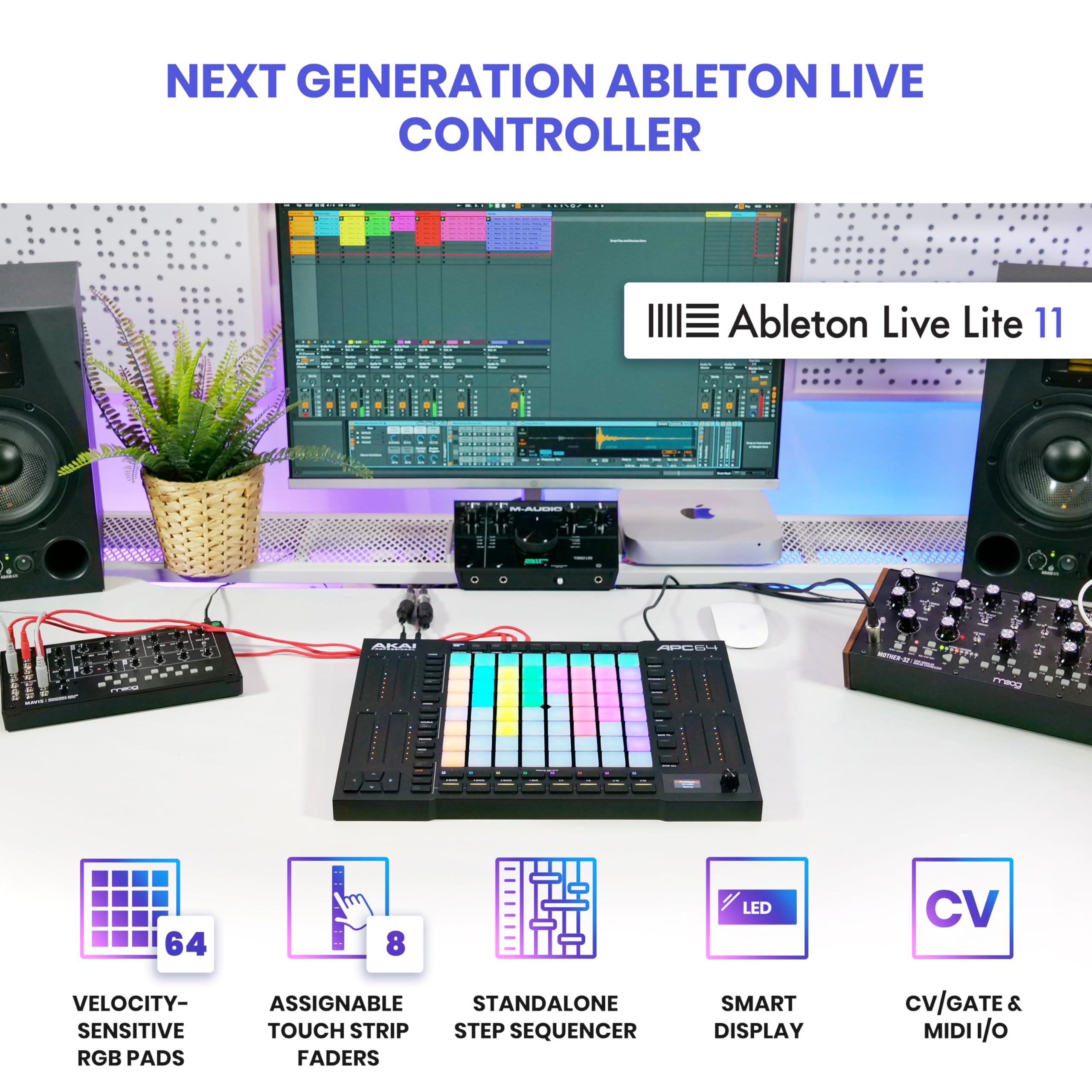 Akai Professional Apc64 Ableton Midi Controller With 8 Touch Strips, Step Sequencer, 64 Rgb Velocity Sensitive Pads, Cv Gates, Midi In & Out, Usb C