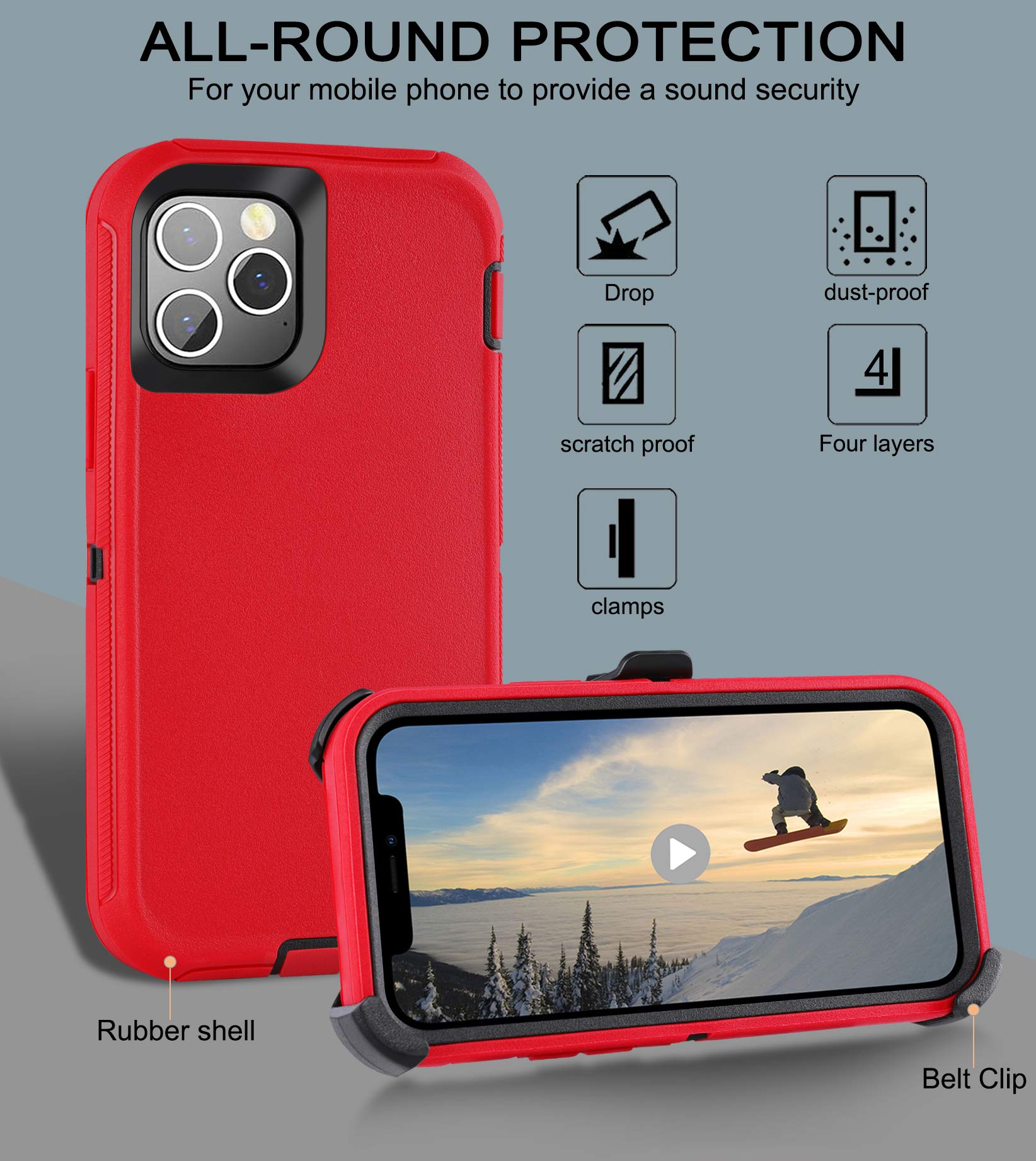 Case For Iphone 12 Pro Max Case 6.7'' Belt Clip Kickstand Holster With 2 Screen Protector,Full Body Rugged Heavy Duty Military G