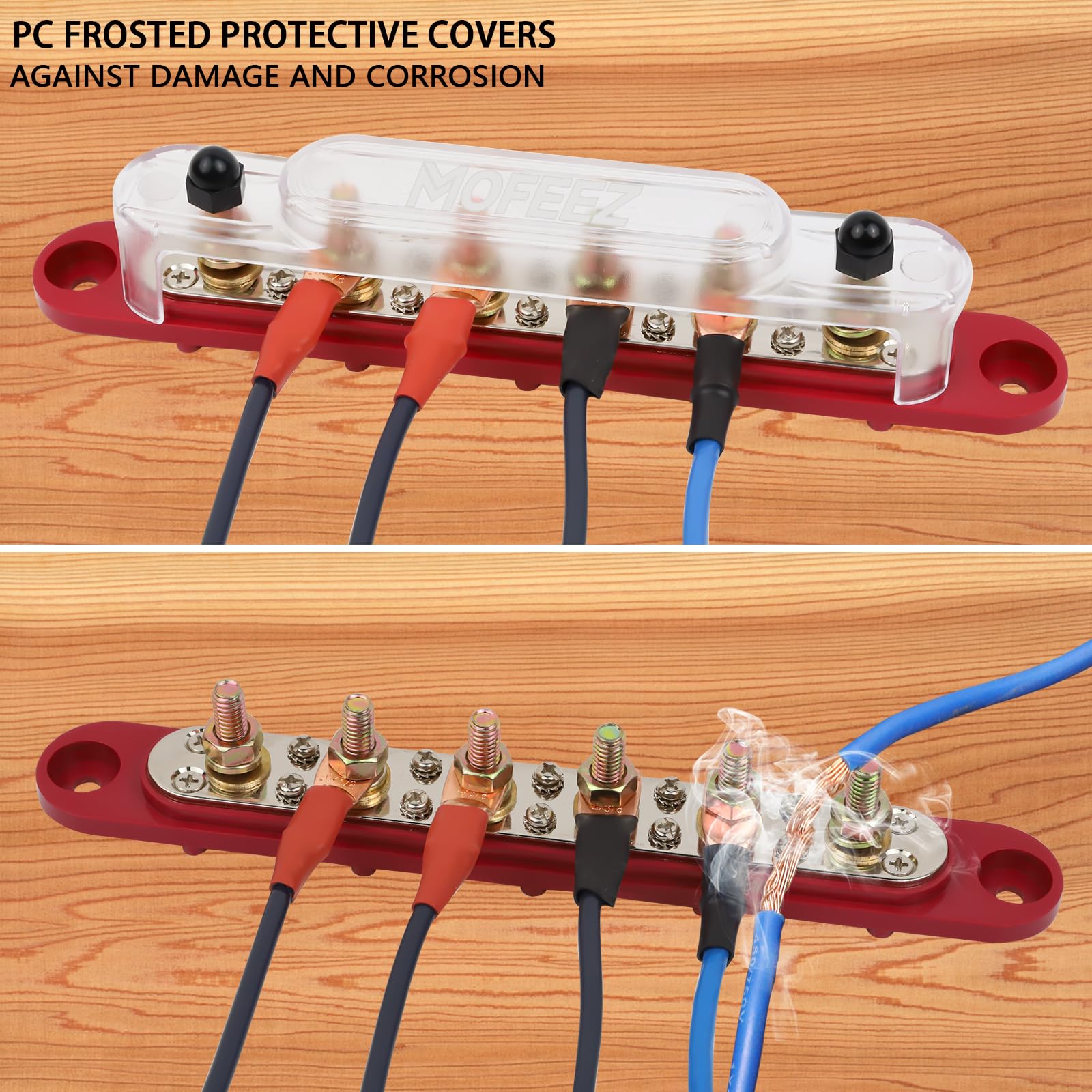 Mofeez Power Distribution Block Bus Bar, 6 X 5/16'' Posts, 10 X #8 Screws Terminals, Max 48V 250A (Pair, Red & Black)