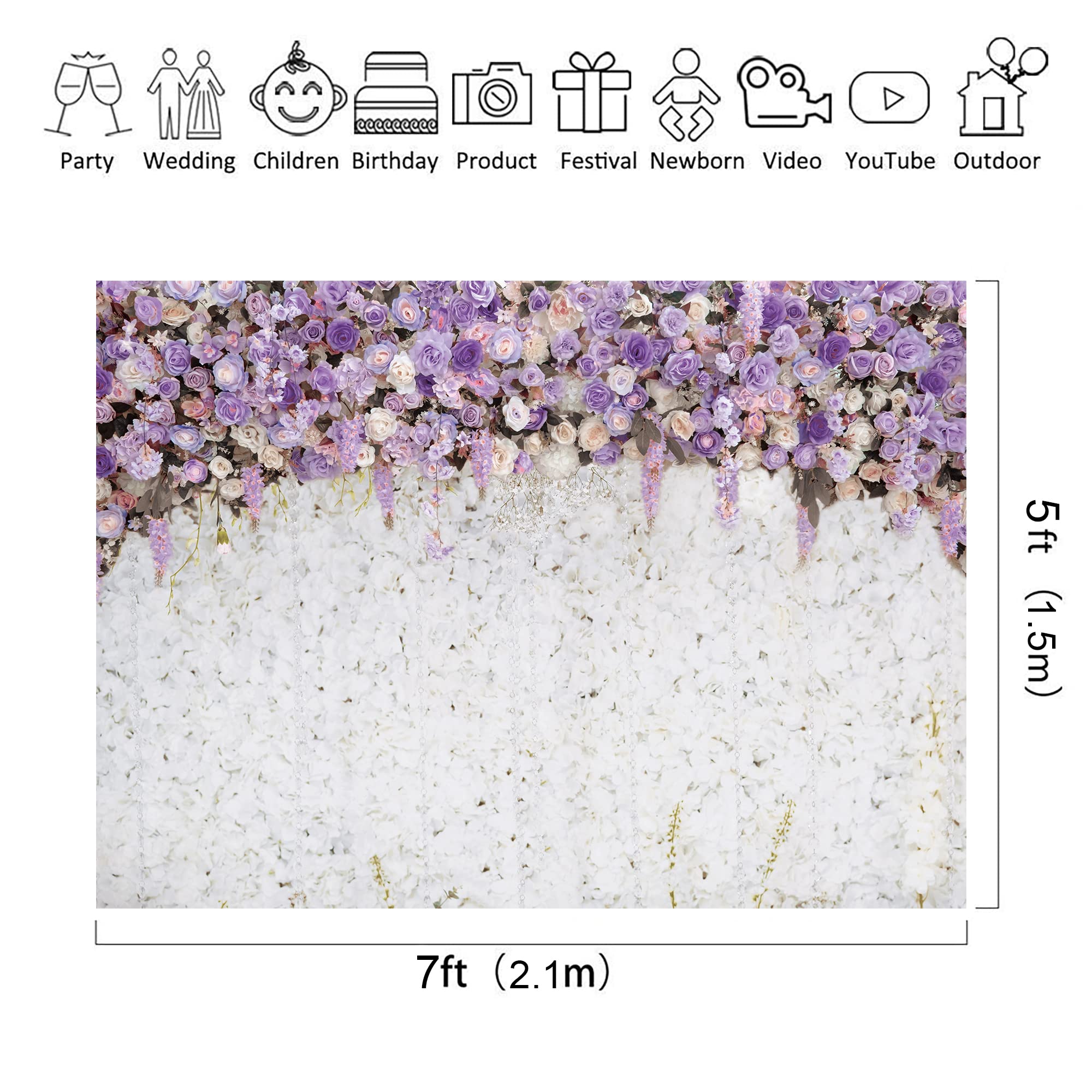 Riyidecor Lavender Bridal Shower Backdrop Polyester Fabric White Floral Light Purple Lilac Flower Wedding 7Wx5H Feet Girl Portra