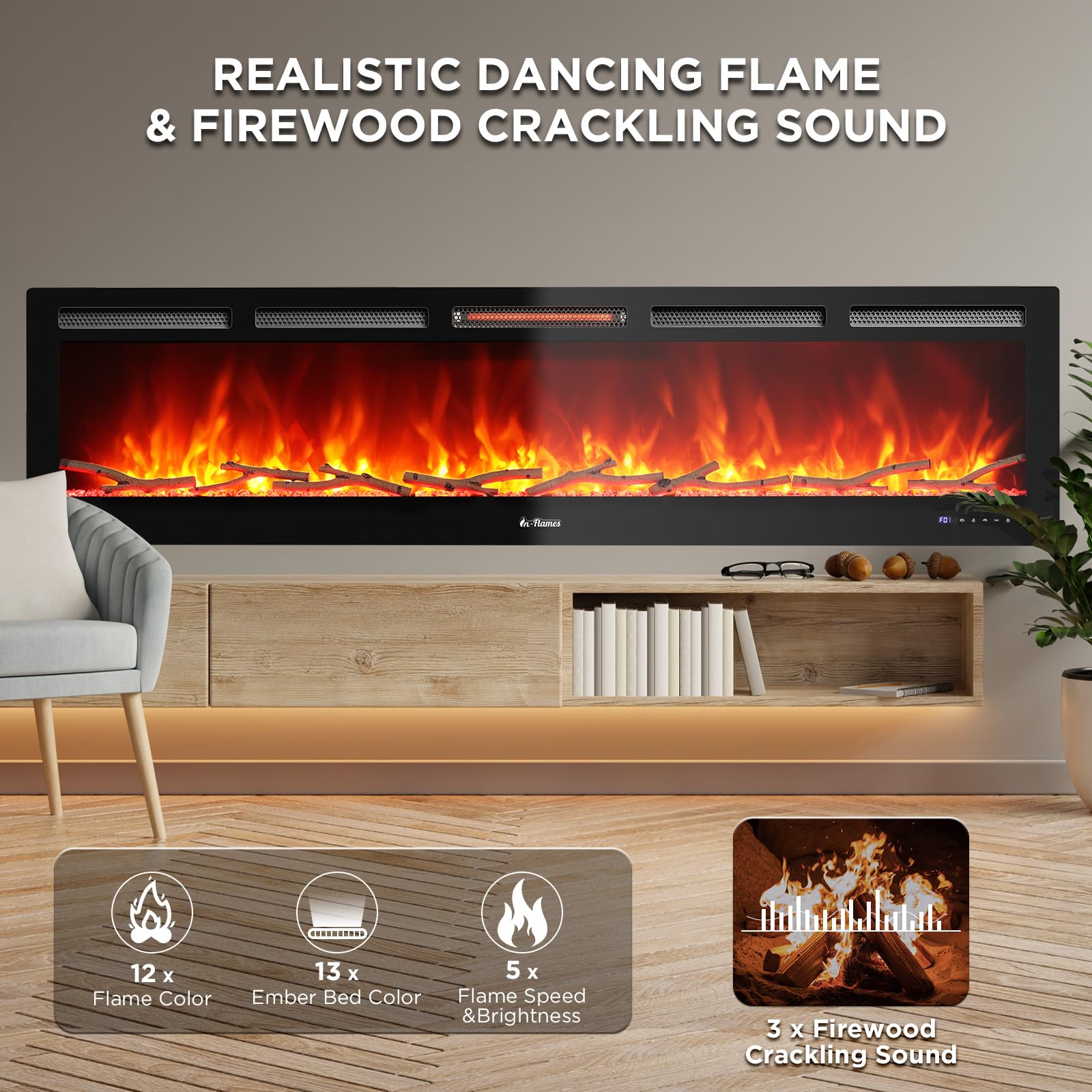 Turbro 72    Smart Wifi Infrared Electric Fireplace With Sound Crackling And Realistic Flame, 1500W Quartz Heater, Recessed Or W