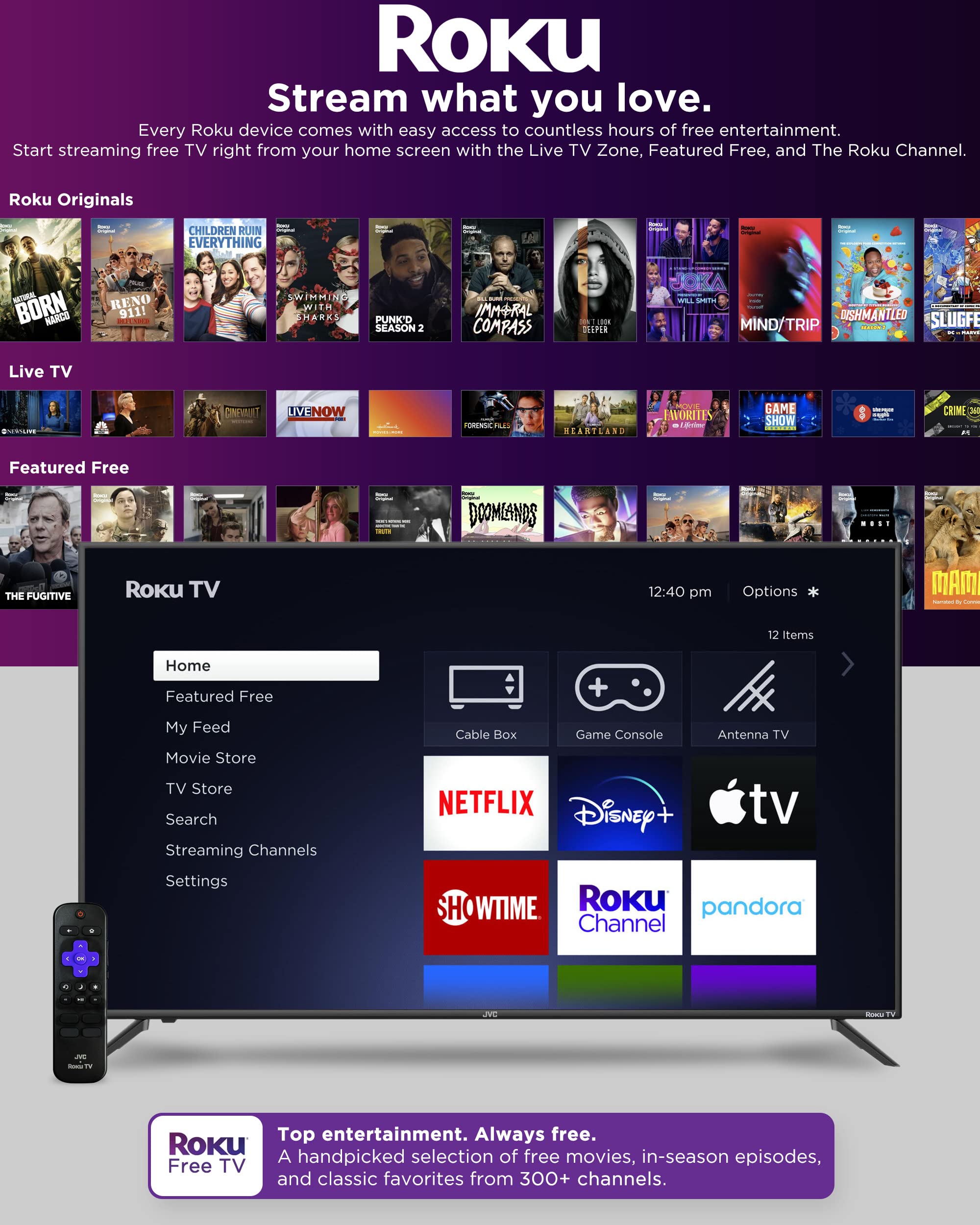 JVC 32-Inch 720p HD LED Roku Smart TV, Voice Control, Airplay, Screen Casting, 300+ Free Streaming Channels - LT32MAW2