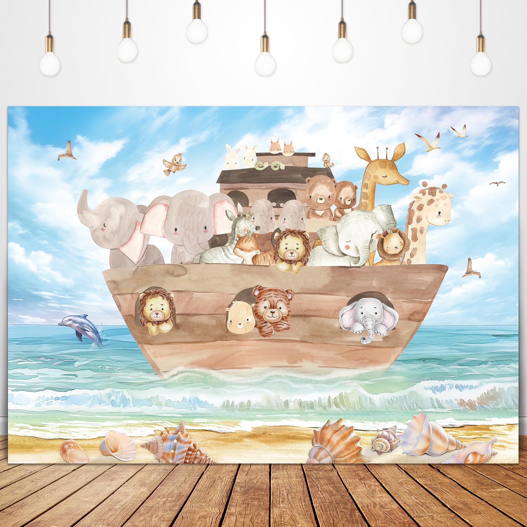 Glawry Noah'S Ark Baby Shower Backdrop 7Wx5H Feet Cute Cartoon Ocean Beach Woodland Safari Animal Wood Ocean Summer Newborn Part