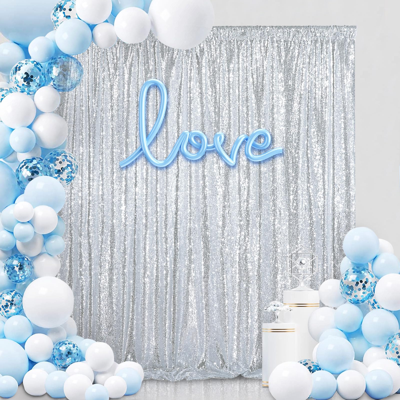 Silver Sequin Backdrop 7Ft X 7Ft Glitter Photo Booth Backdrop Curtains For Wedding Birthday Baby Shower Event