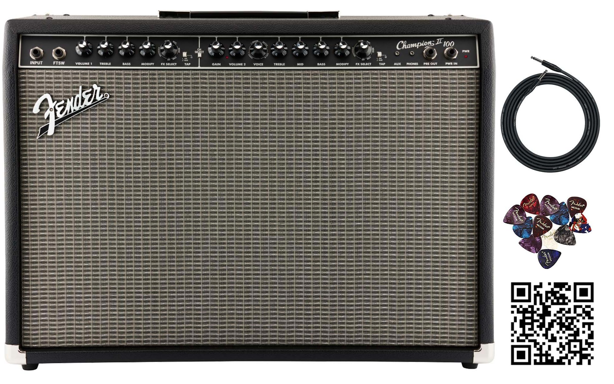 Fender Champion II 100-Watt Guitar Combo Amplifier Bundle with Cable, Picks, and Austin Bazaar Instructional Video