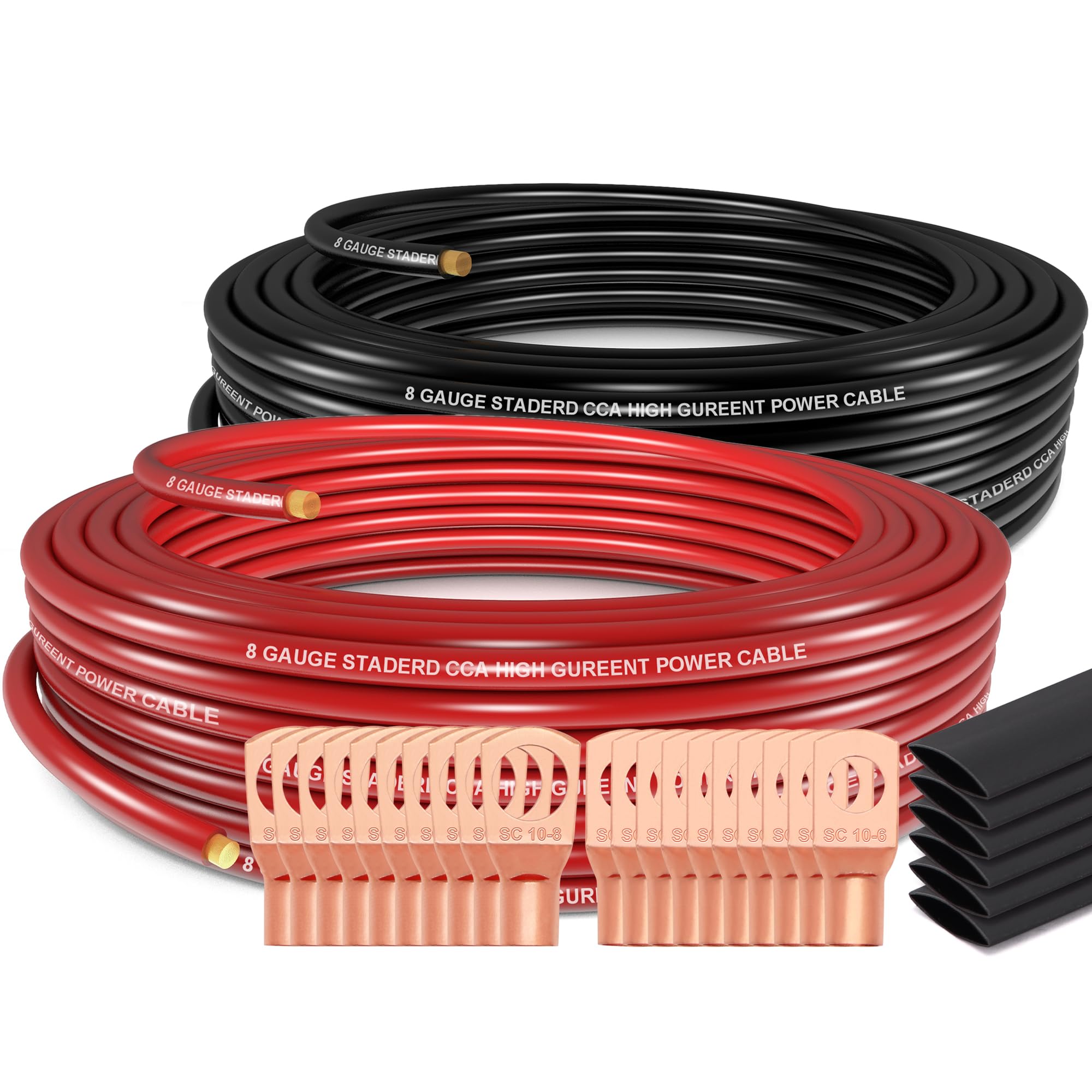 Jeemiter 8 Gauge Wire (50Ft Each  Black/Red) Copper Clad Aluminum   Primary Automotive Wire Power/Ground, Battery Cable With Lug