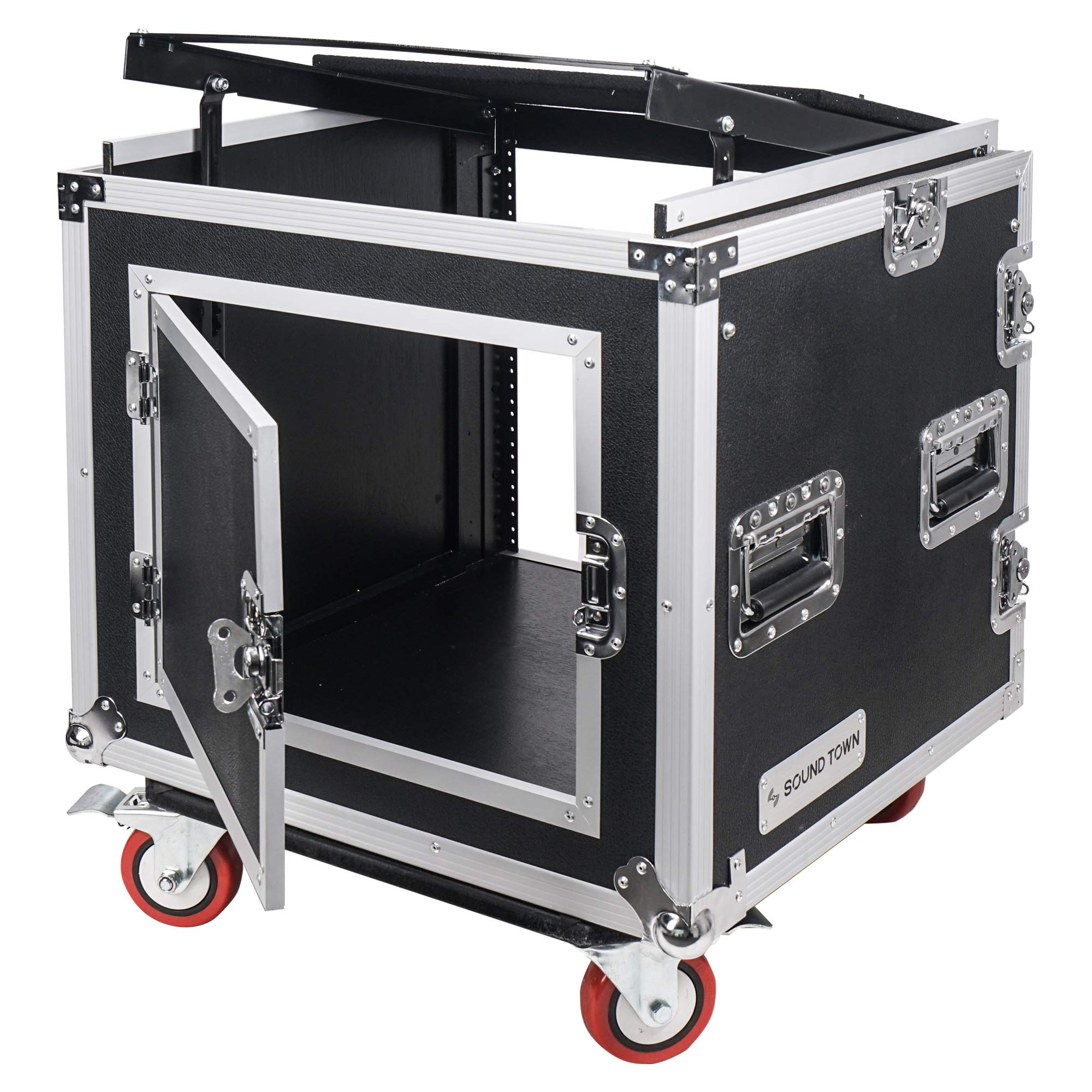 Sound Town Shock Mount 10U Ata Rack Case With 20    Rackable Depth, 11U Slant Mixer Top And Casters, 10 Space Size   Pro Tour Gr