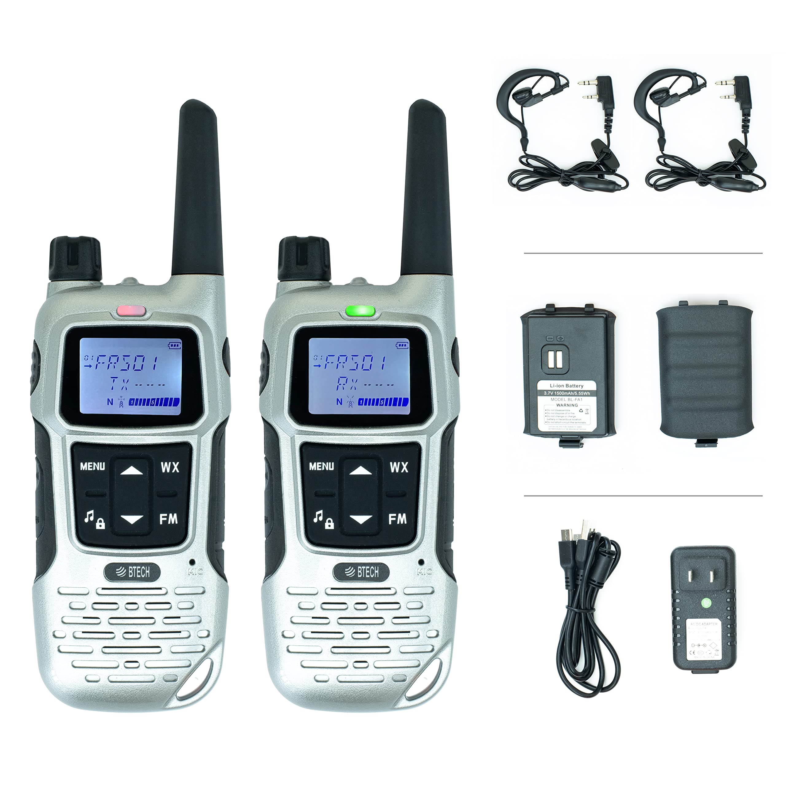 BTECH FRS-A1 2 Pack FRS Silver Walkie Talkies, NOAA, High Output Two-Way Radio. USB-C Charging, Built in Flashlight, FM Radio, N