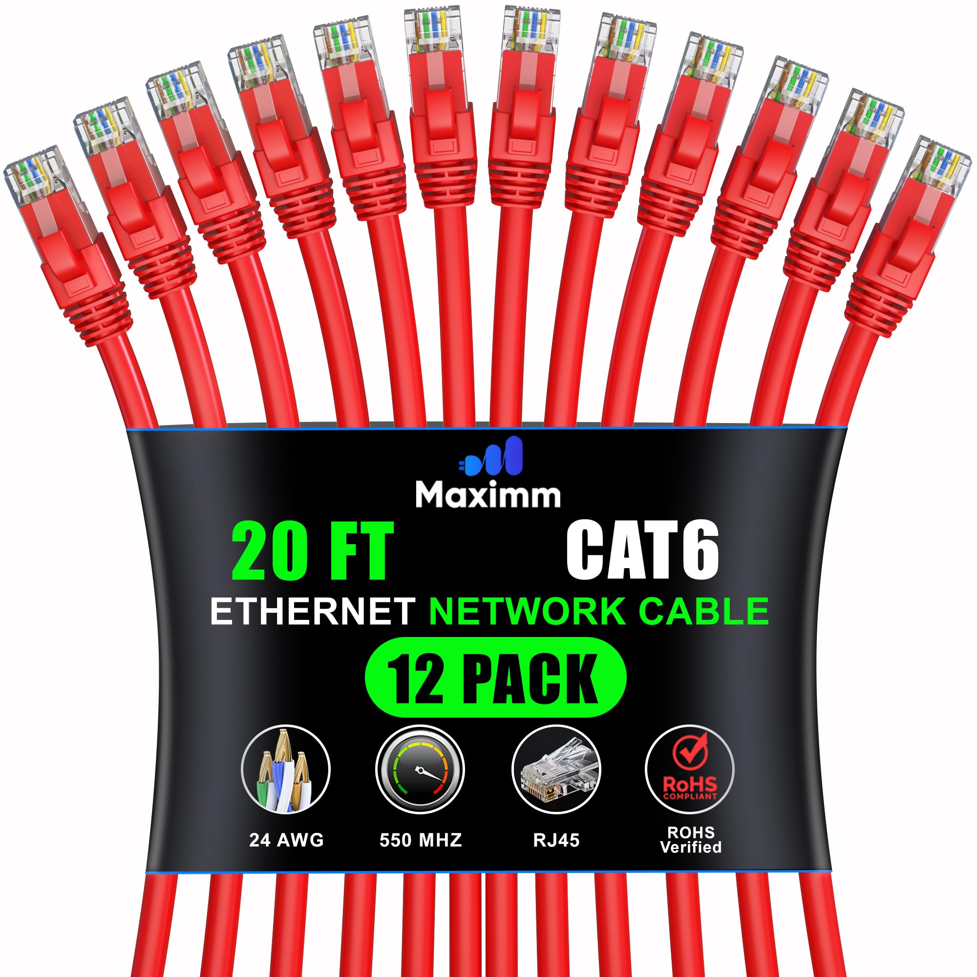 Maximm Cat 6 Ethernet Cable - 20 ft (12-Pack) - High-Speed LAN, Internet, Patch, and Network Cable - UTP, 10Gbps, 550MHz Etherne