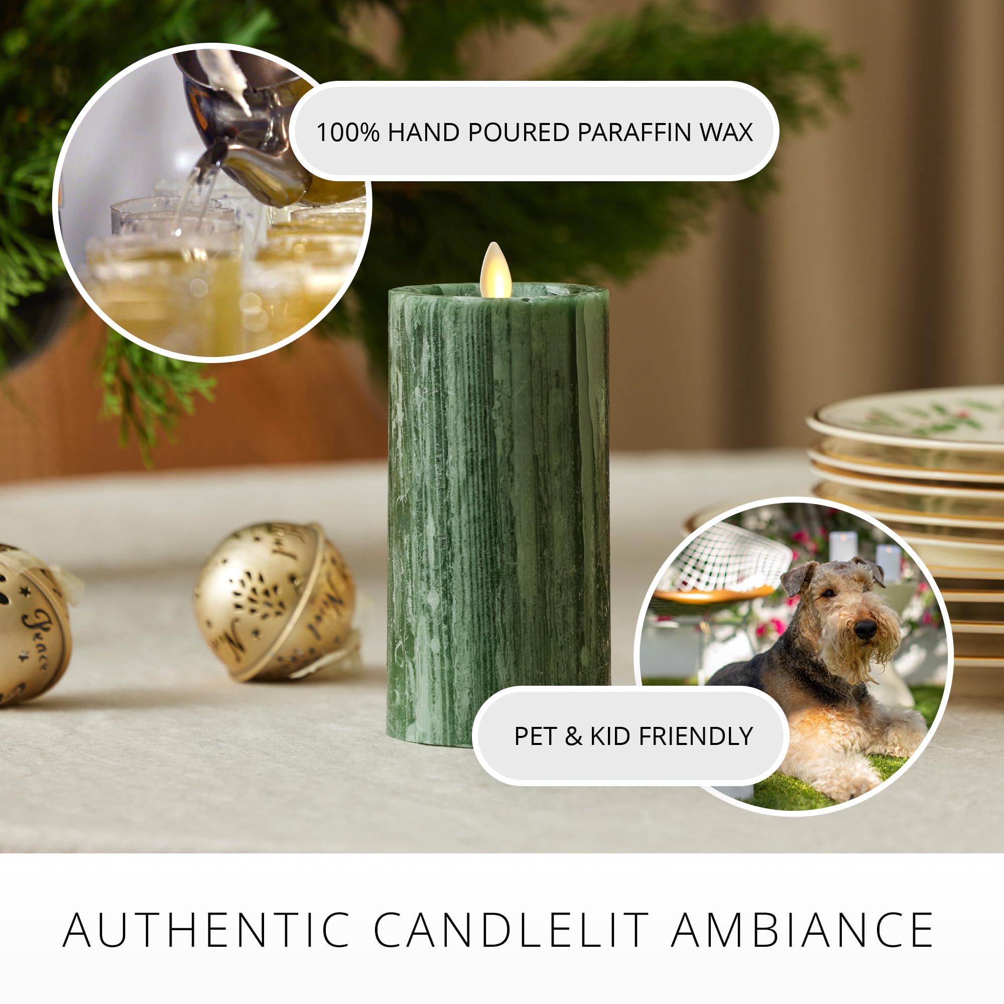 Luminara Selenite Looking Flameless Candle, Holiday Green 3'' X 6.5'', Battery Operated Real Wax Moving Flame Led Pillar Wi/Time