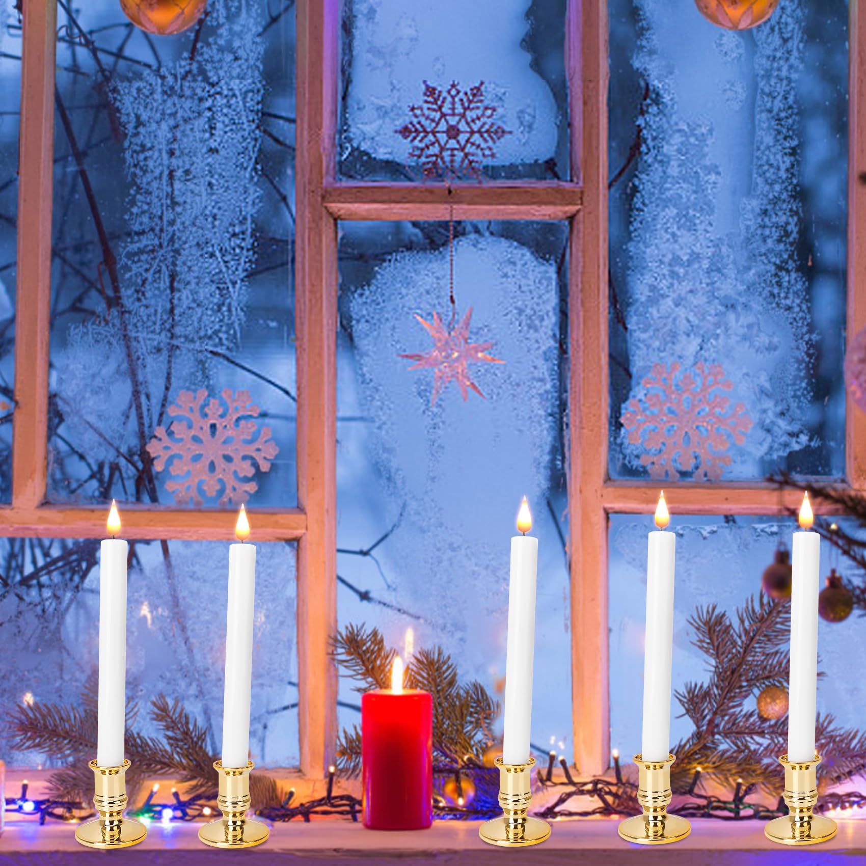 Poqcct Led Flameless Window Candles With Remote Timer 10 Pcs Battery Operated Flickering Taper Candle Lights With Removable Gold