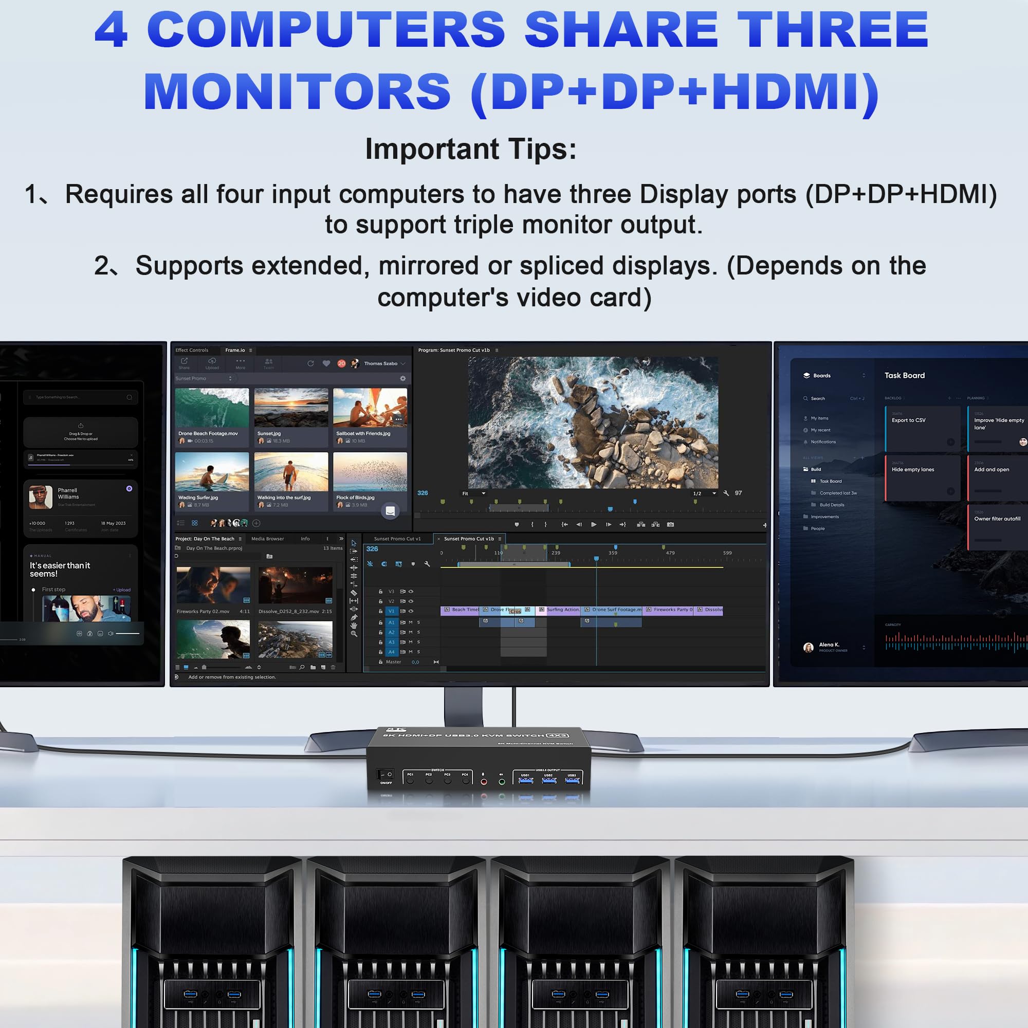 8K@60Hz Usb3.0 Kvm Switch 3Monitors 4Computers 4K@144Hz, 2 Displayport +1 Hdmi Triple Monitor Kvm Switch For 4Pc With Audio And