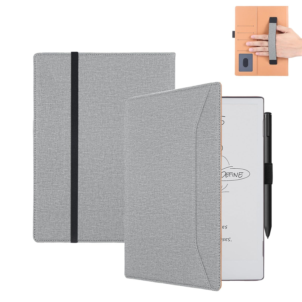 Vakarey For Remarkable 2 Case With Pen Holder,Pu Leather Folio Cover For Remarkable 2 Tablet Case With Hand Strap,Gray