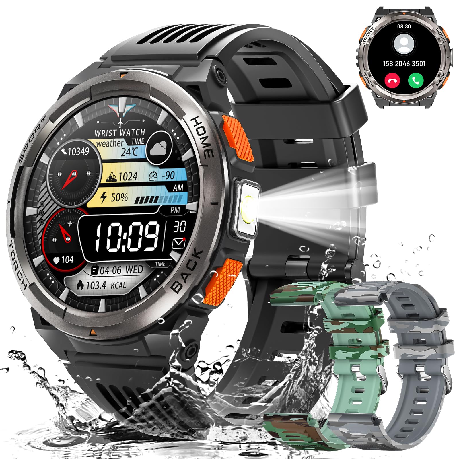 Eigiis Ke5 Military Smart Watch For Men With Flashlight Sos 3Atm Waterproof Watch 530Mah Big Battery 1.45 '' Rugged Tactical Sma